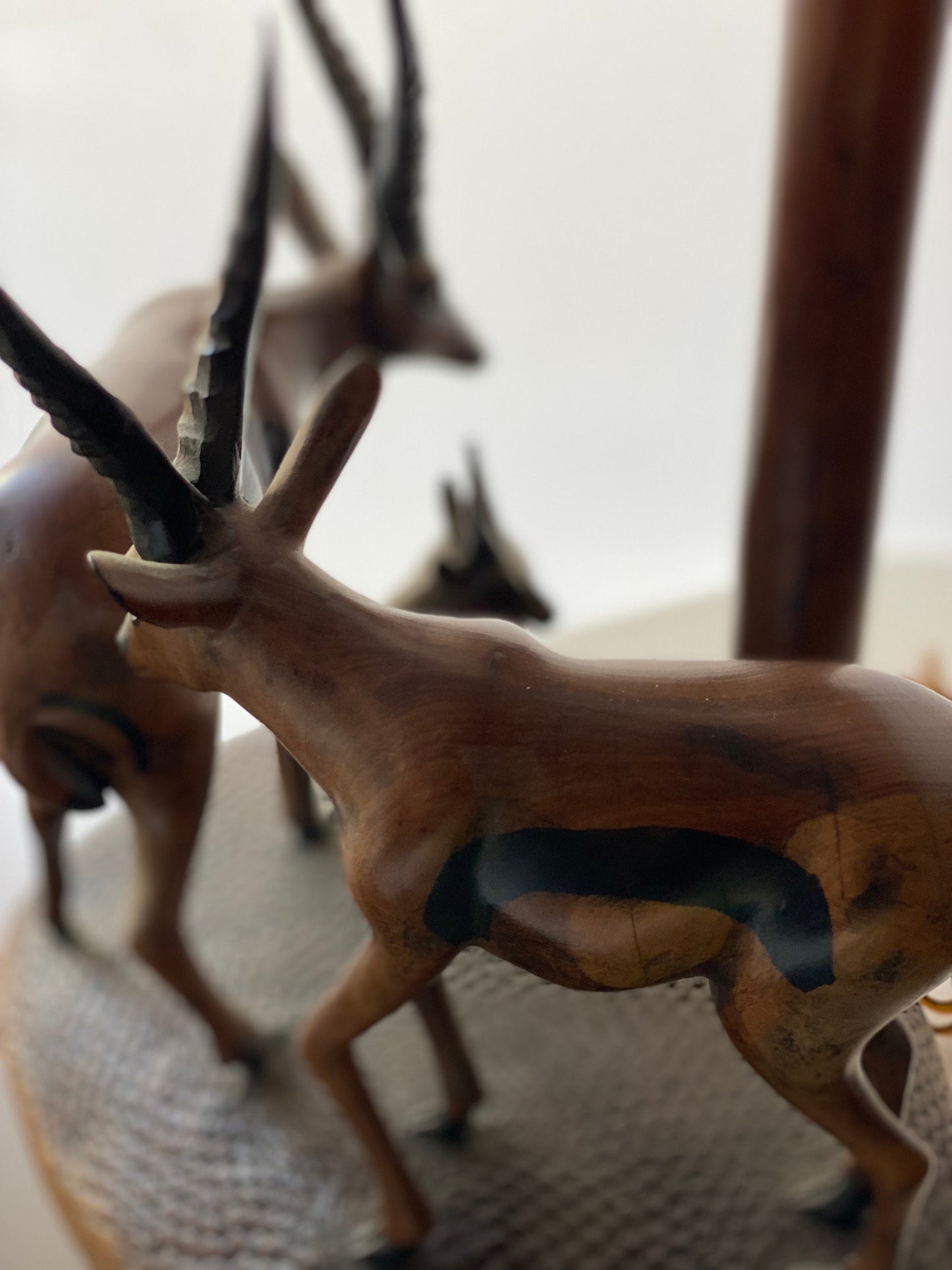 African Hand Carved Ebony Wood Sculpture Table Lamp with Antelope Figures