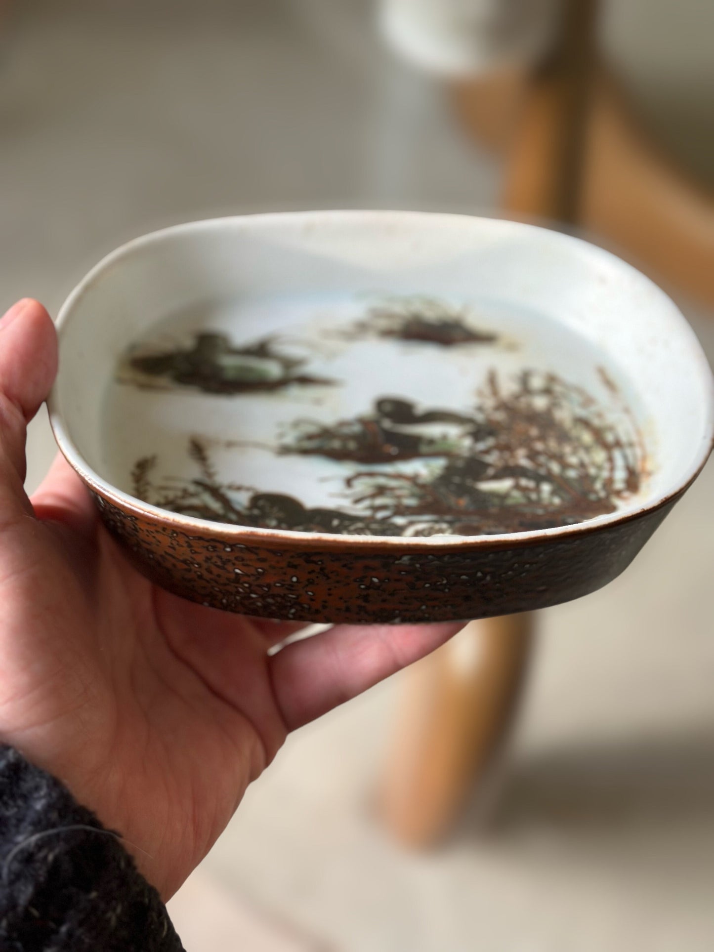 Nils Thorsson for Royal Copenhagen Dish Baca Earthenware with Eider Ducks. Circa 1965