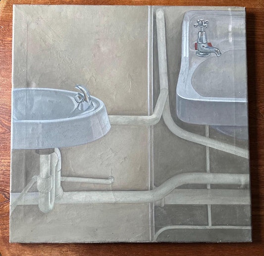British Kitchen Sink School — Institutional Interior with Sinks, Oil on Canvas, c.1960s