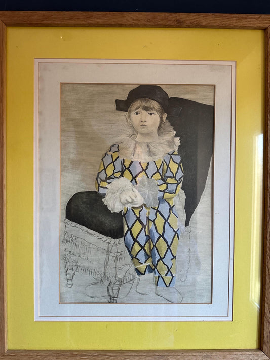 Vintage Picasso Print 'The Artist's Son' Framed Wall Art, Mid Century Lithograph Paul en Pierrot, Original Gallery Label, Gift for Art Colle