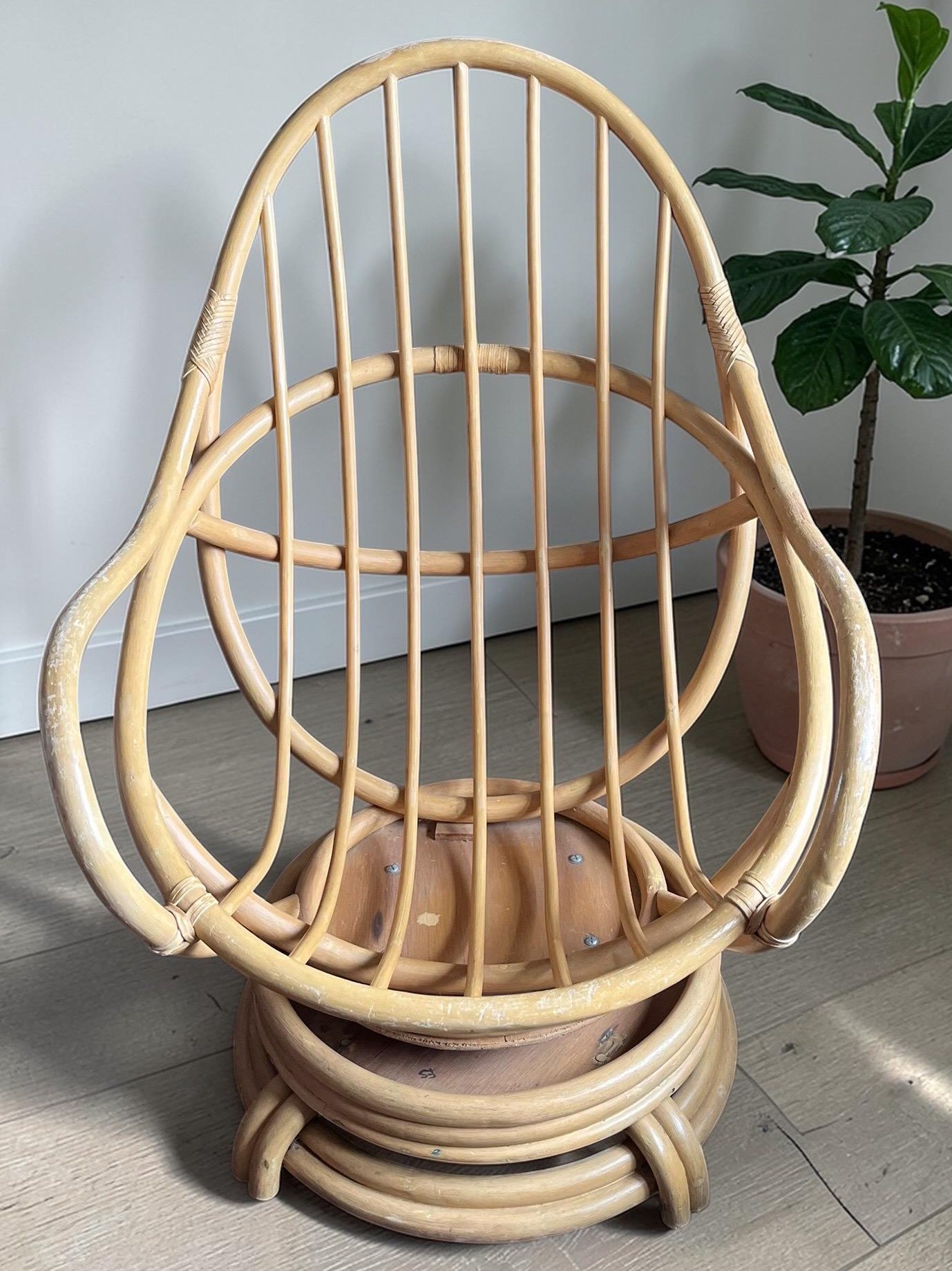 1970s Bentwood & Rattan Swivel Lounge Chair