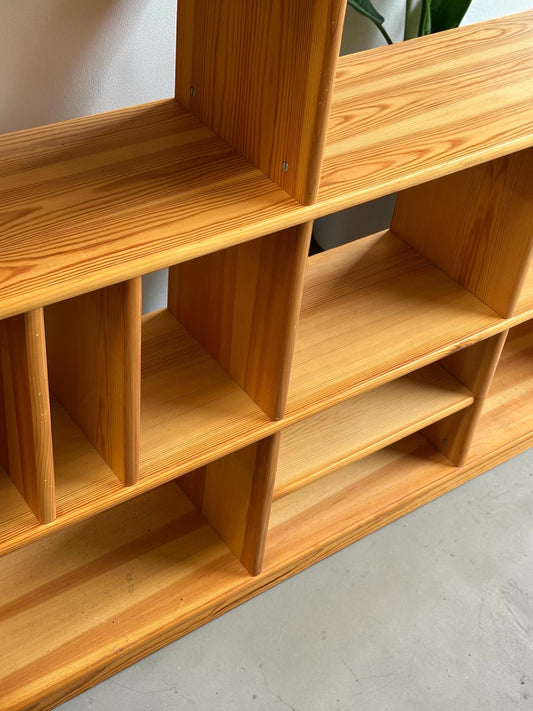 Danish Solid Pine Freestanding Room Divider / Bookcase with Vinyl Record Storage — 1970s