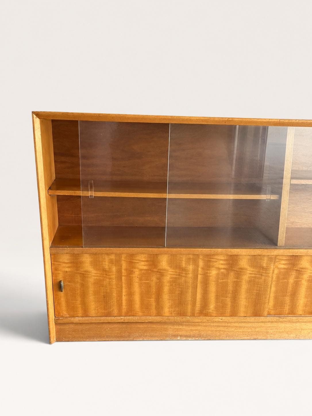 Slim Herbert Gibbs Glazed Bookcase with Sliding Doors, Shallow 24cm Mid-Century Design, 1960s