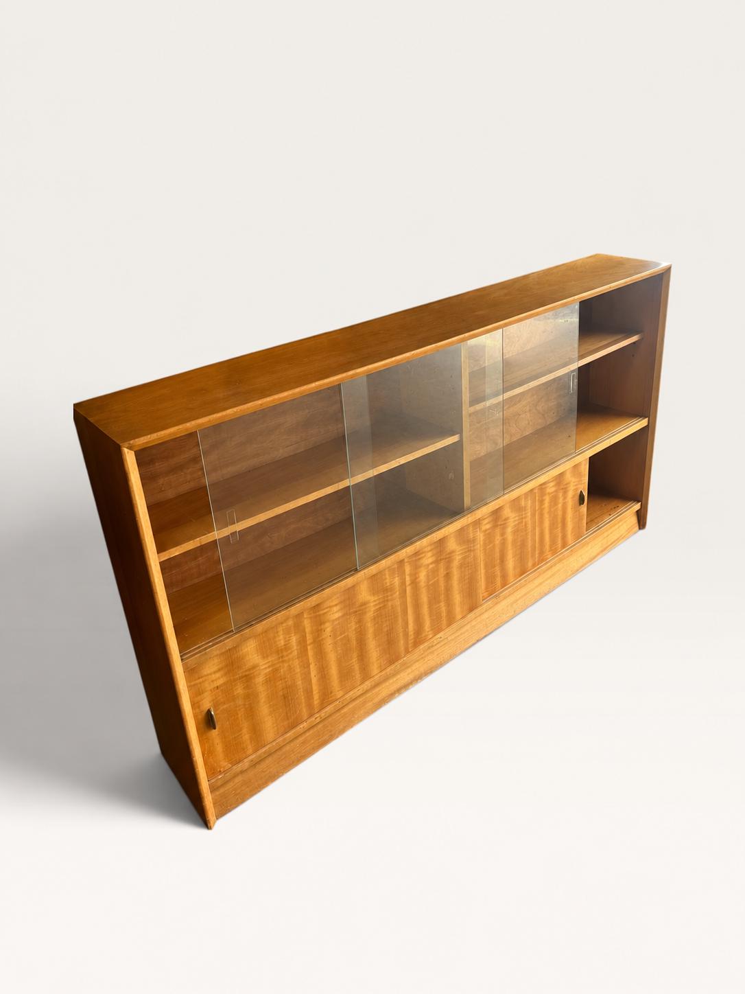 Slim Herbert Gibbs Glazed Bookcase with Sliding Doors, Shallow 24cm Mid-Century Design, 1960s