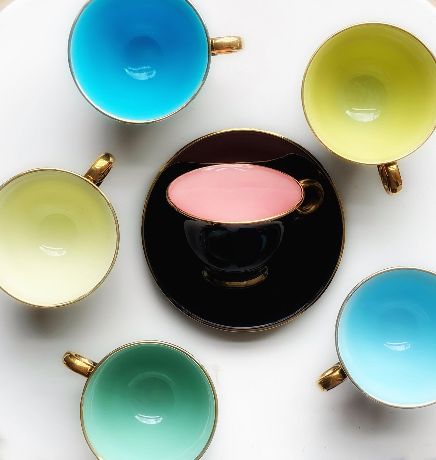 Scandinavian Coffee Tea 1960s Stavenger Flint Norway Harlequin Espresso Tea Cups and Saucers Set of 6 Teapot Jug and Sugar Bowk