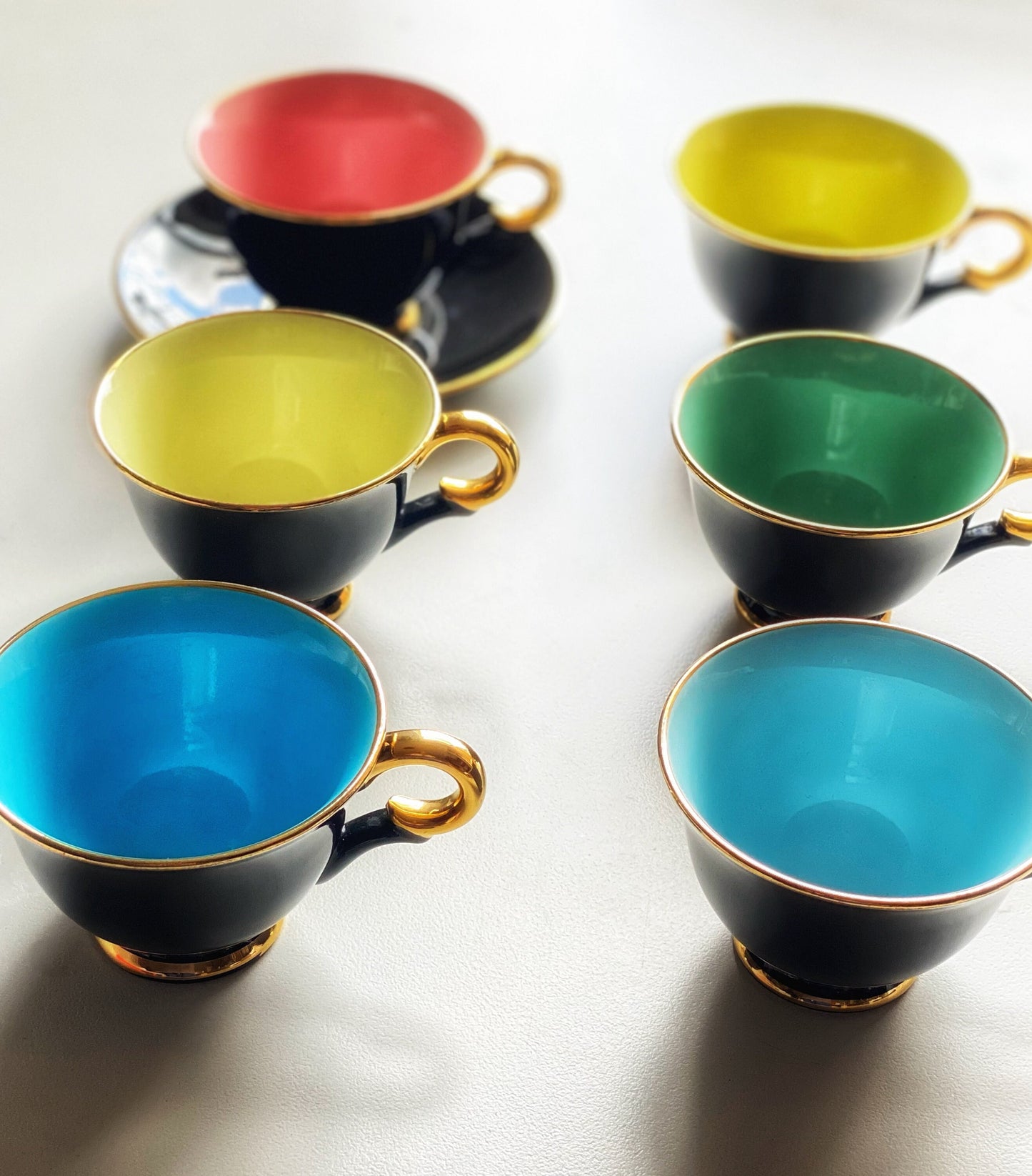 Scandinavian Coffee Tea 1960s Stavenger Flint Norway Harlequin Espresso Tea Cups and Saucers Set of 6 Teapot Jug and Sugar Bowk