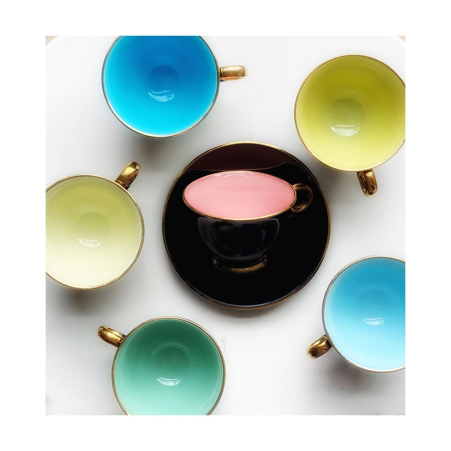 Scandinavian Coffee Tea 1960s Stavenger Flint Norway Harlequin Espresso Tea Cups and Saucers Set of 6 Teapot Jug and Sugar Bowk