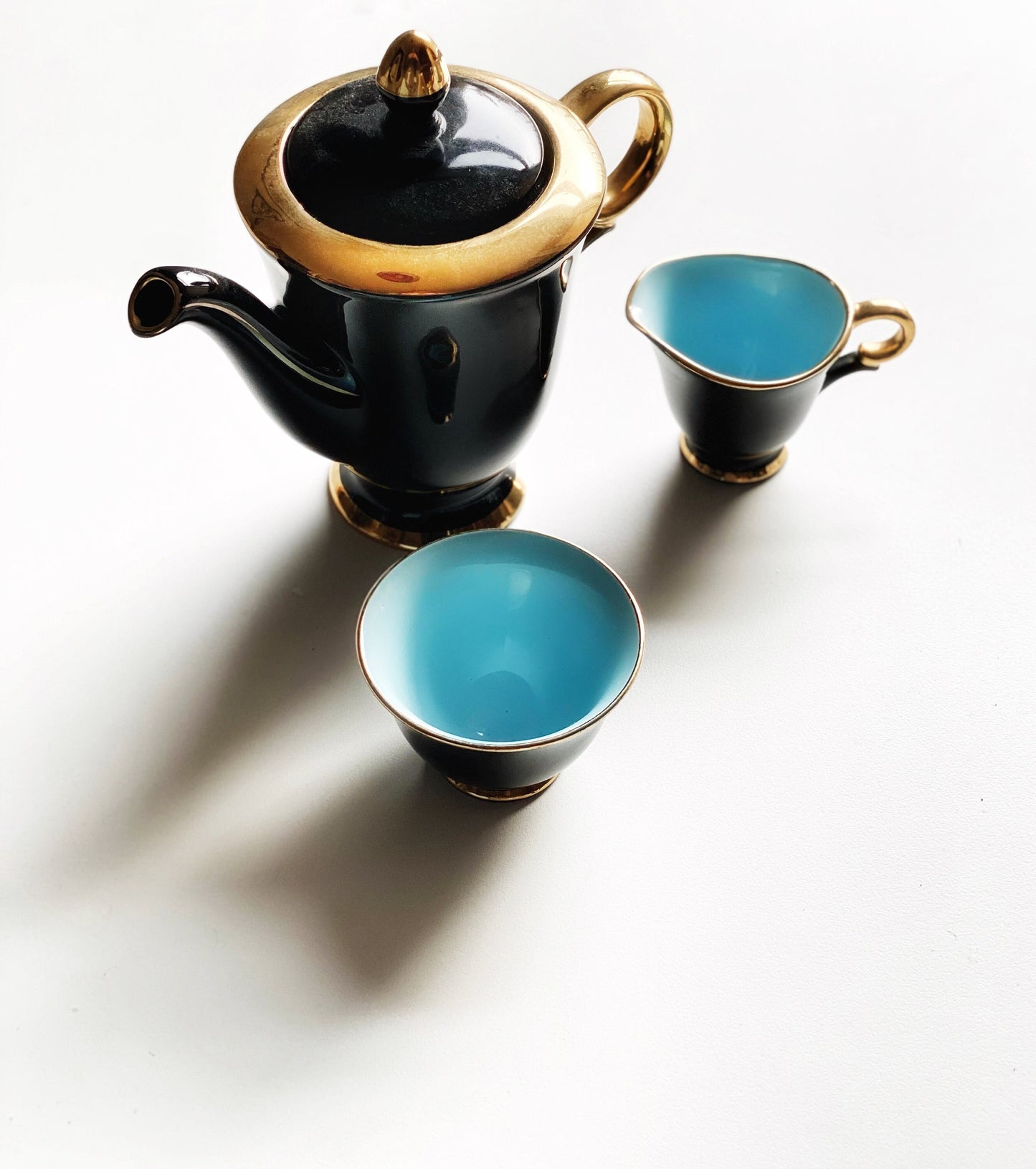 Scandinavian Coffee Tea 1960s Stavenger Flint Norway Harlequin Espresso Tea Cups and Saucers Set of 6 Teapot Jug and Sugar Bowk