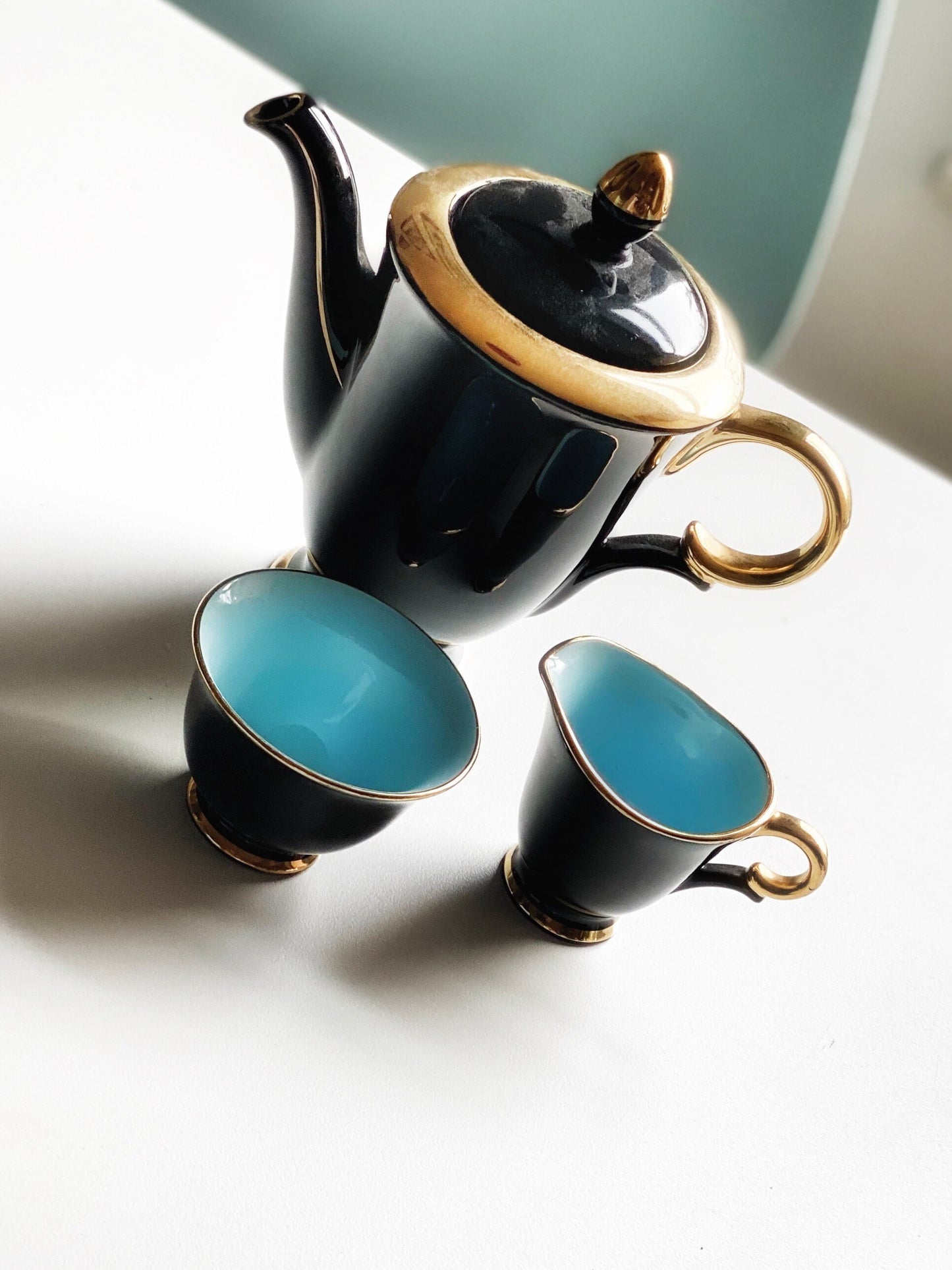 Scandinavian Coffee Tea 1960s Stavenger Flint Norway Harlequin Espresso Tea Cups and Saucers Set of 6 Teapot Jug and Sugar Bowk