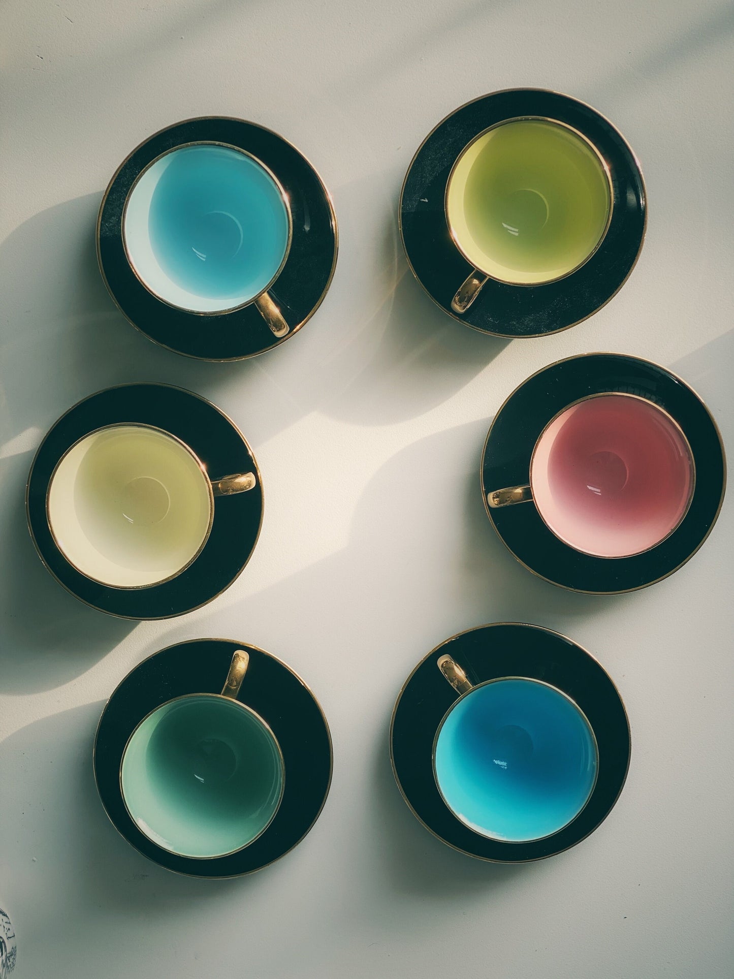 Scandinavian Coffee Tea 1960s Stavenger Flint Norway Harlequin Espresso Tea Cups and Saucers Set of 6 Teapot Jug and Sugar Bowk