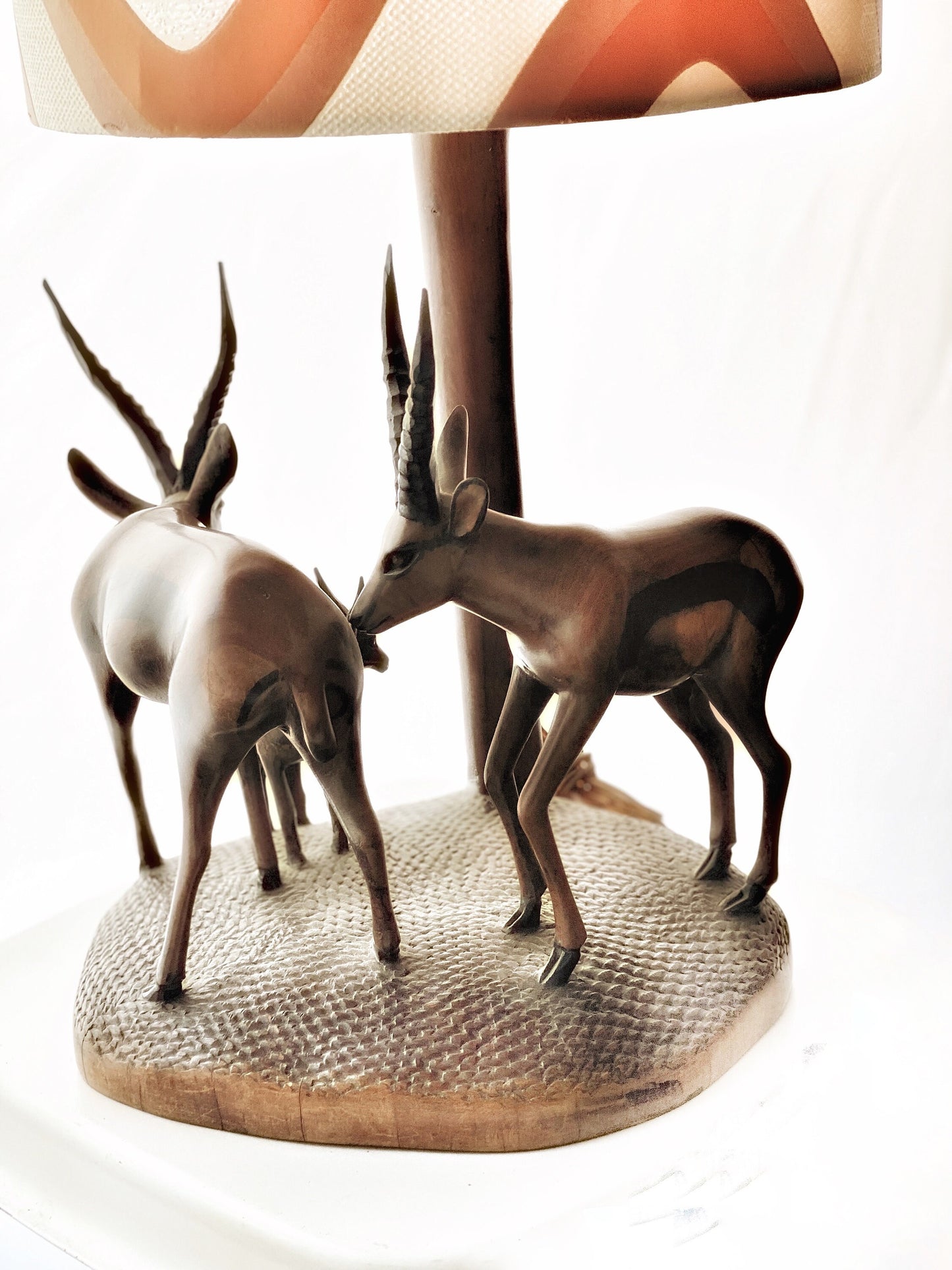 African Hand Carved Ebony Wood Sculpture Table Lamp with Antelope Figures