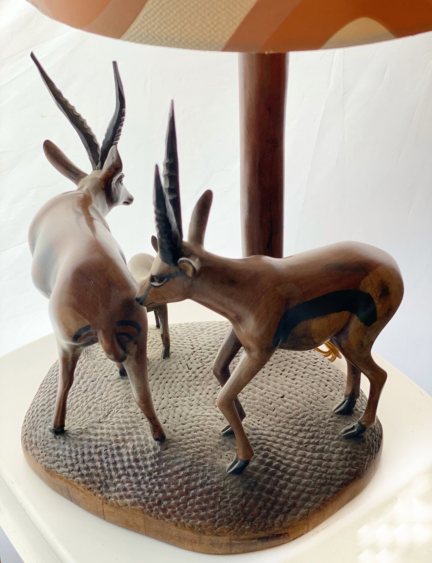 African Hand Carved Ebony Wood Sculpture Table Lamp with Antelope Figures