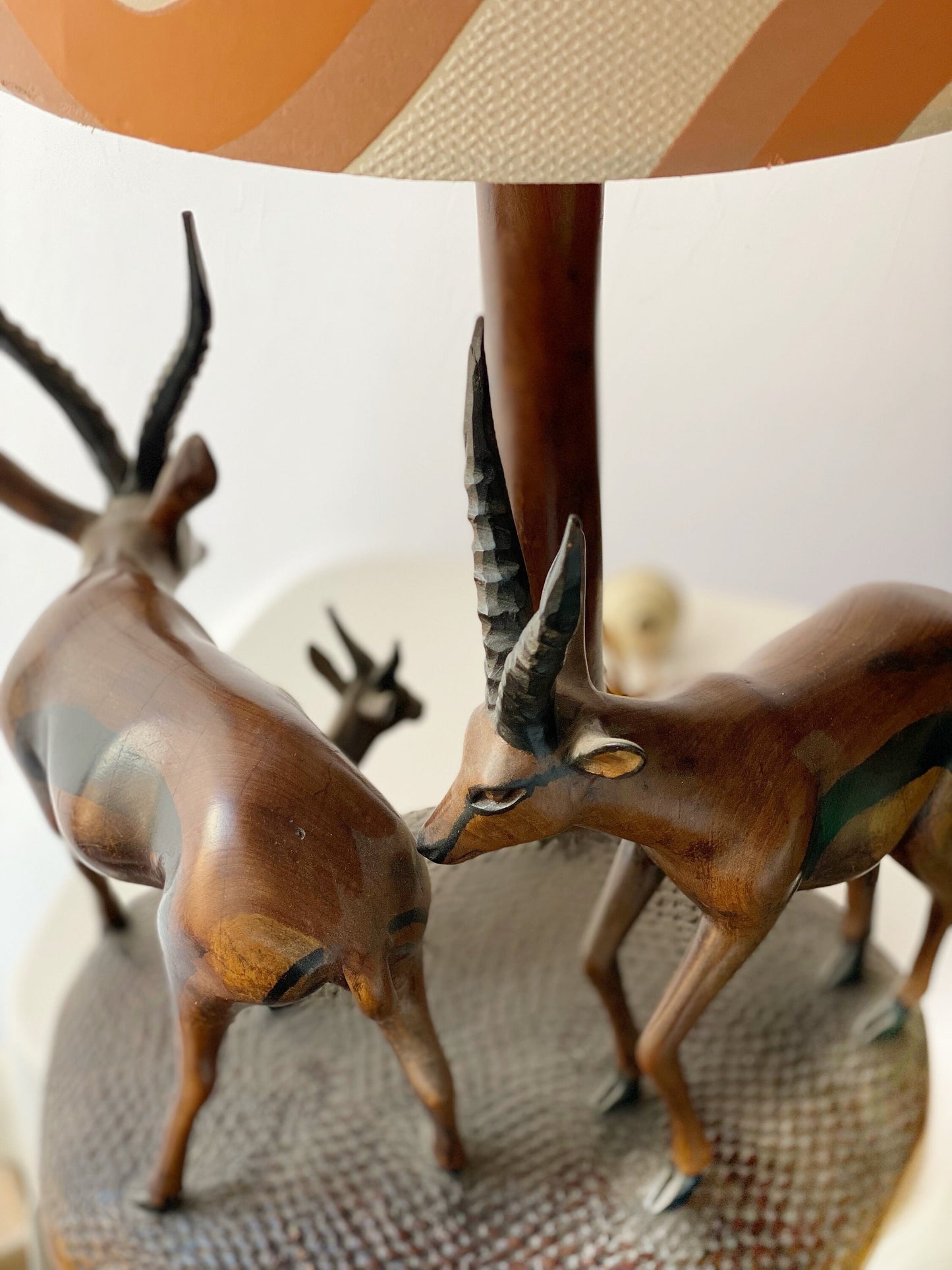 African Hand Carved Ebony Wood Sculpture Table Lamp with Antelope Figures