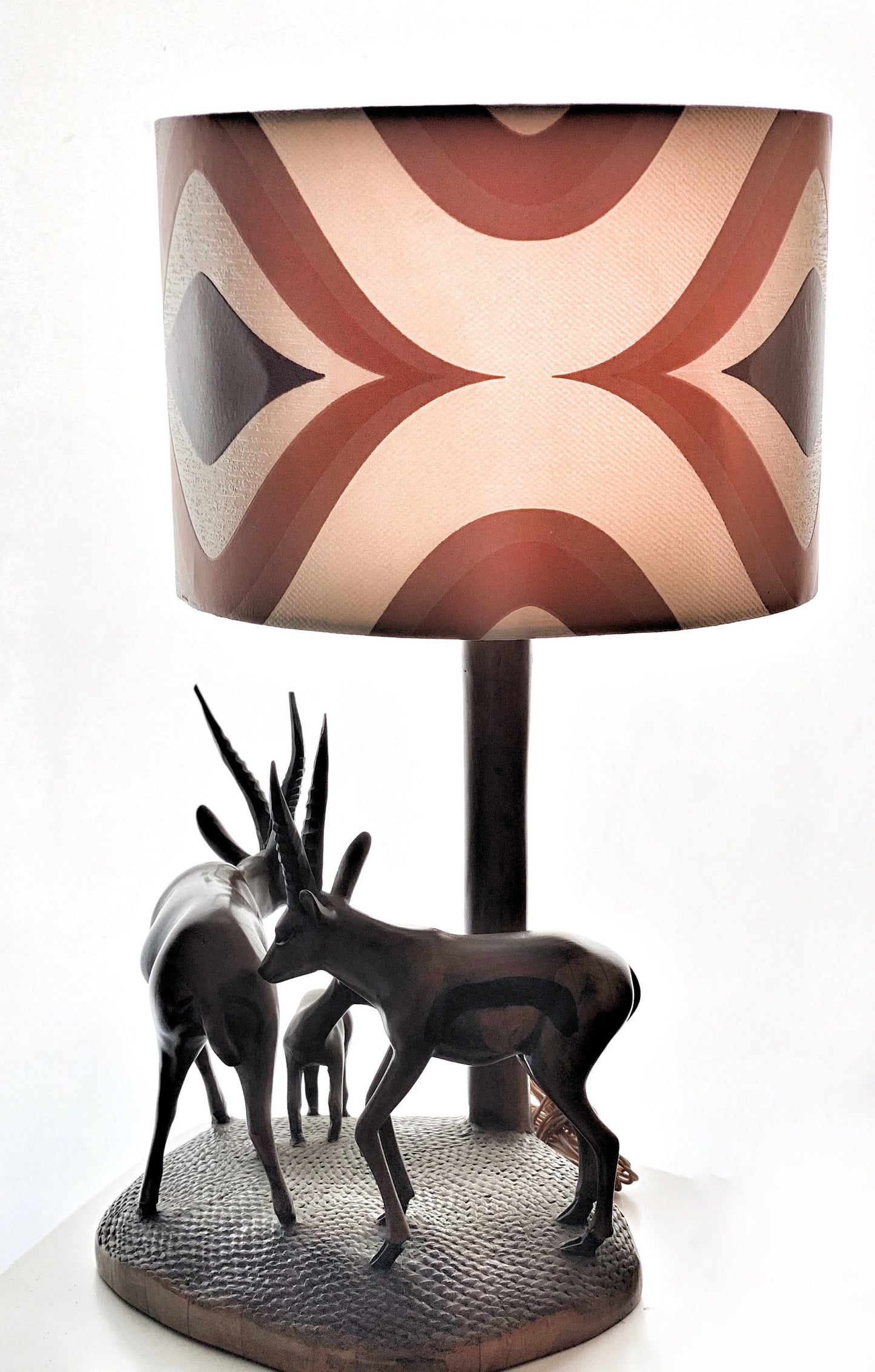 African Hand Carved Ebony Wood Sculpture Table Lamp with Antelope Figures