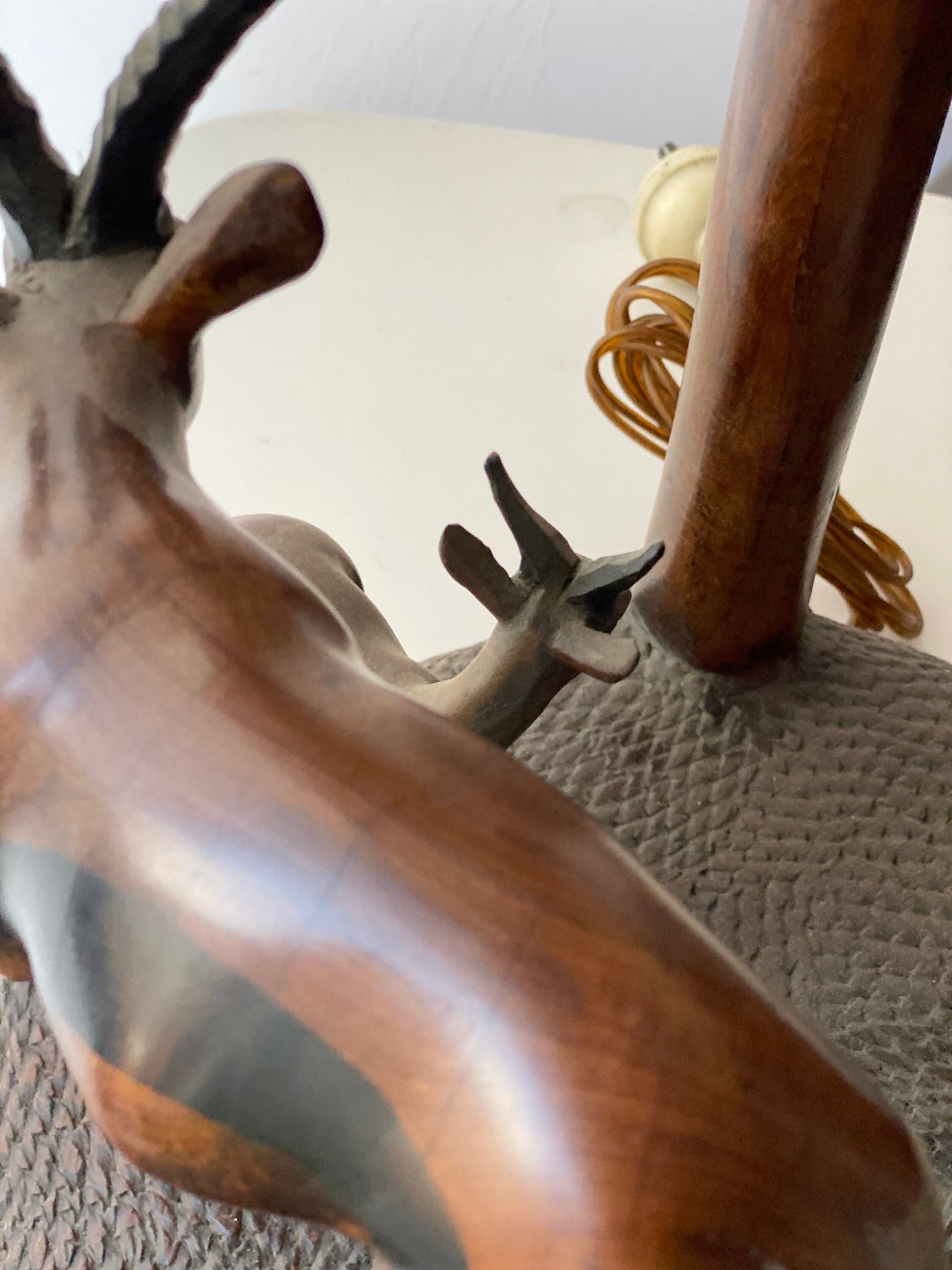 African Hand Carved Ebony Wood Sculpture Table Lamp with Antelope Figures
