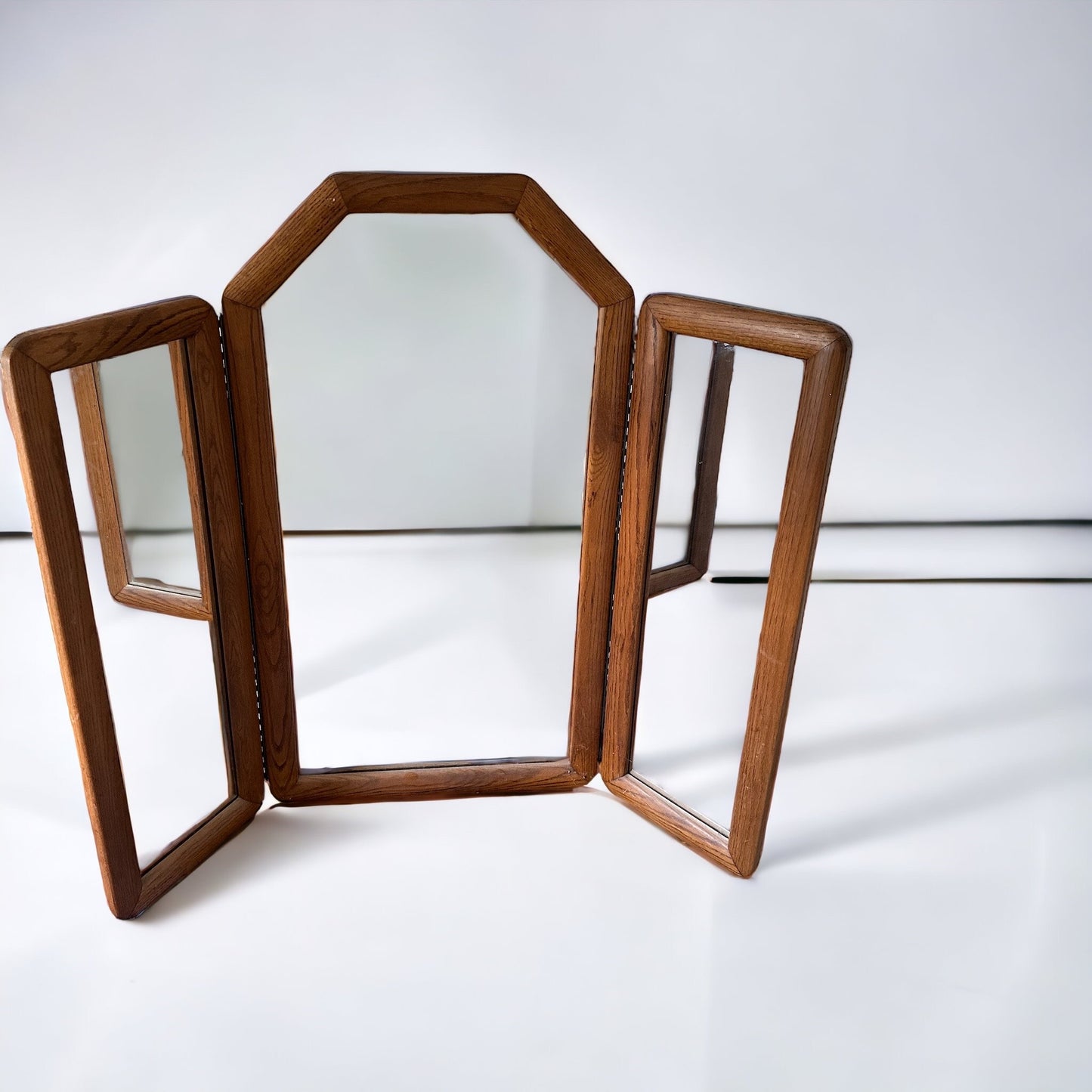1970s Tri Fold Oak Surround Mirror Floor Standing of for Wall