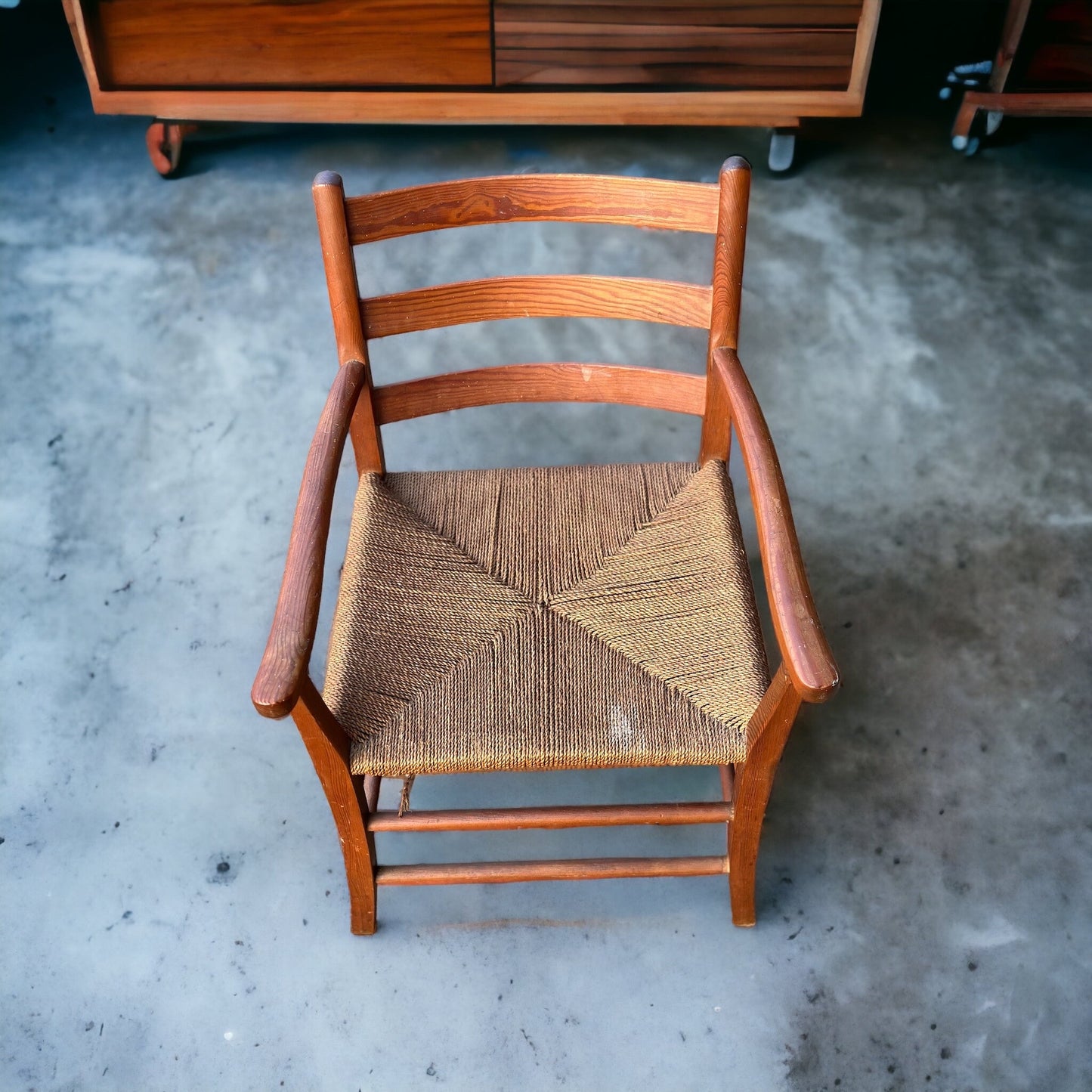 Vintage 1960s Scandinavian Pine and Paper Cord Fireside Carver Chair