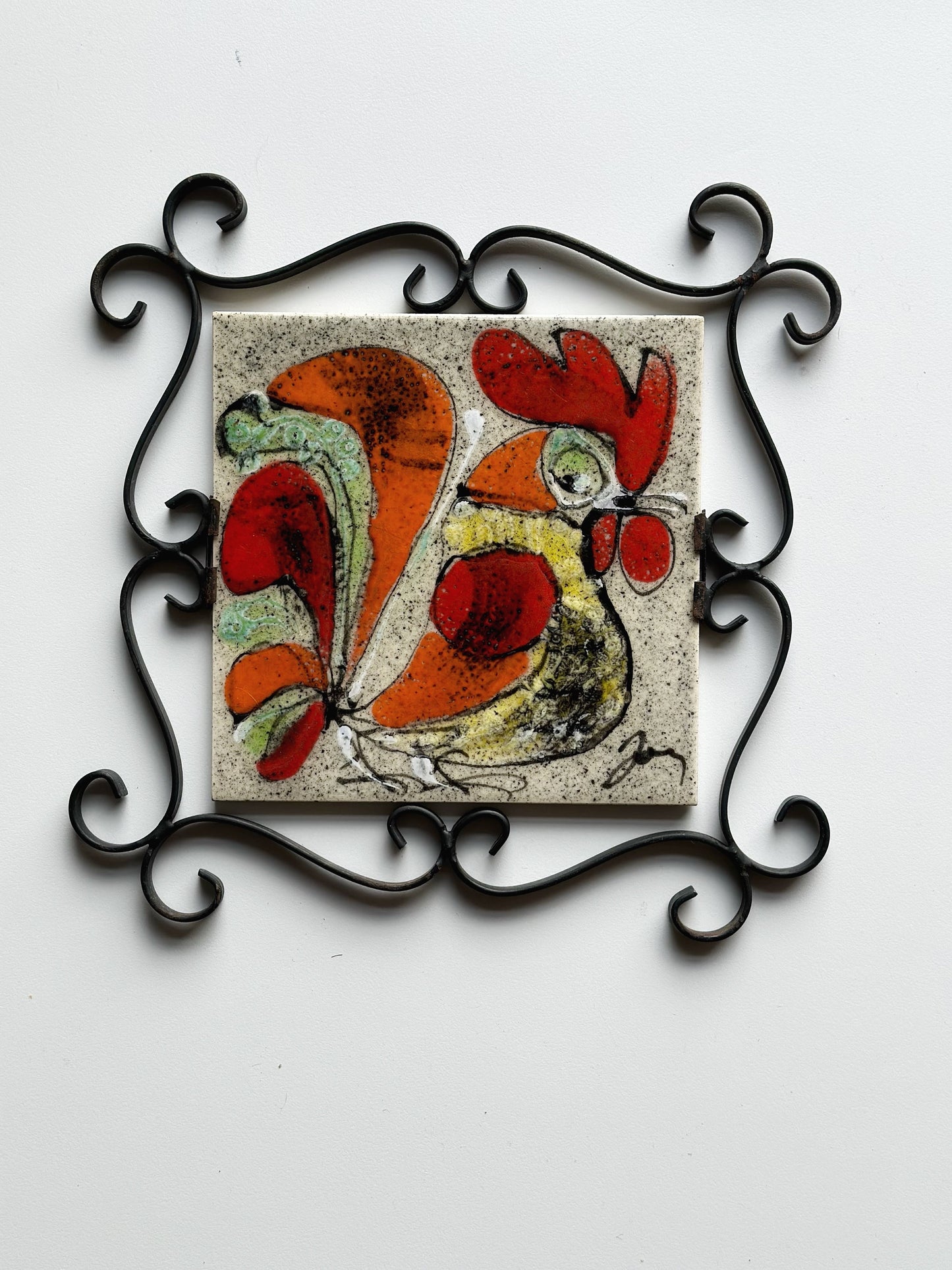 Delassus Fourmaintraux Desvres French earthenware tile Trivet 1960s 70s with Wrought Iron Frame