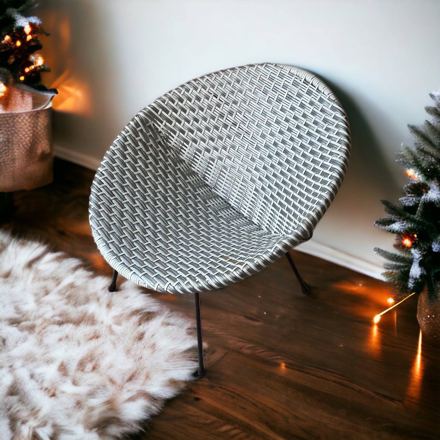 Vintage 1950’s Sputnik Satellite Woven Vinyl Chair in White and Silver