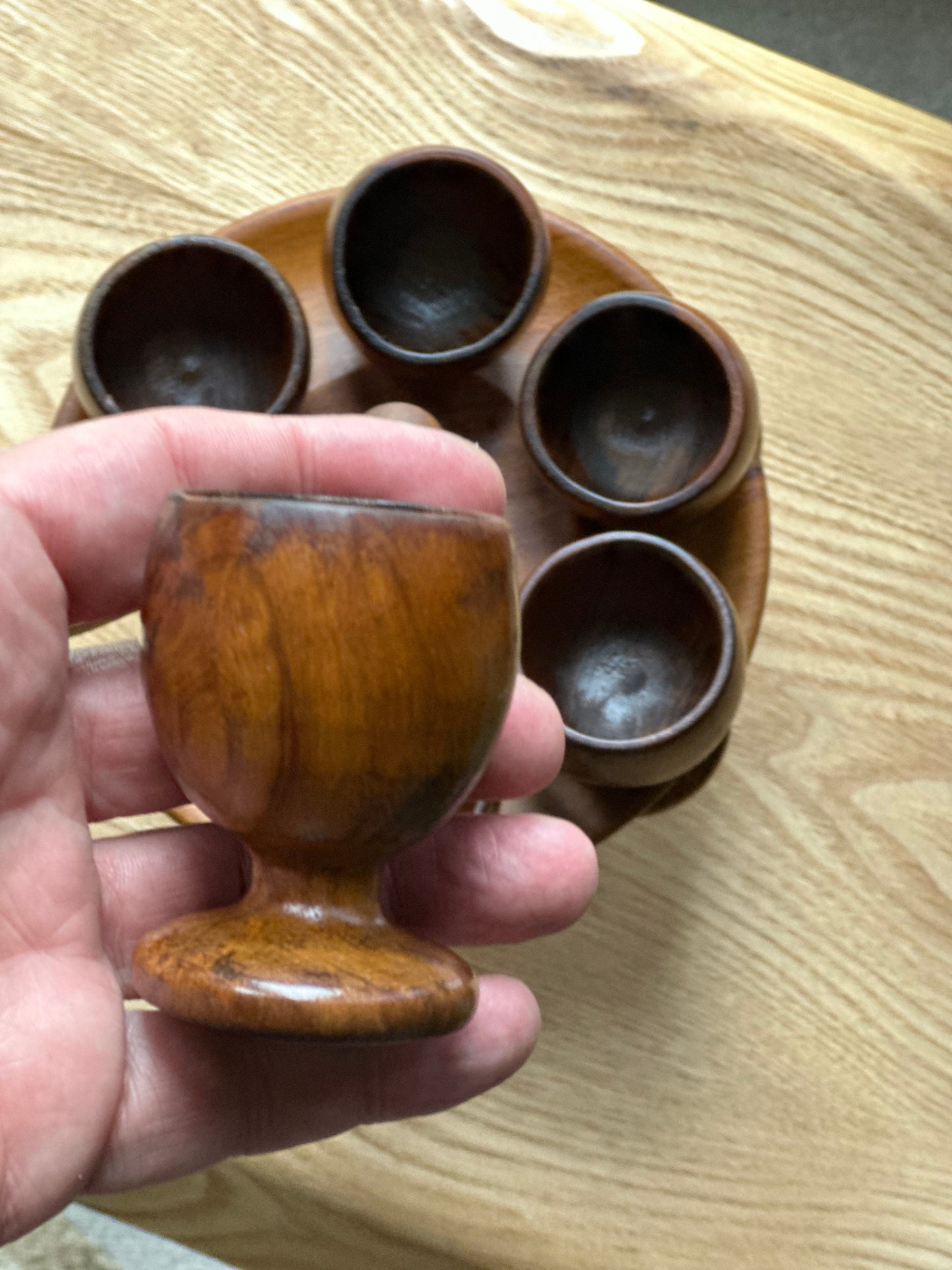 Olive and Teak Wood Eggcup Stand Server
