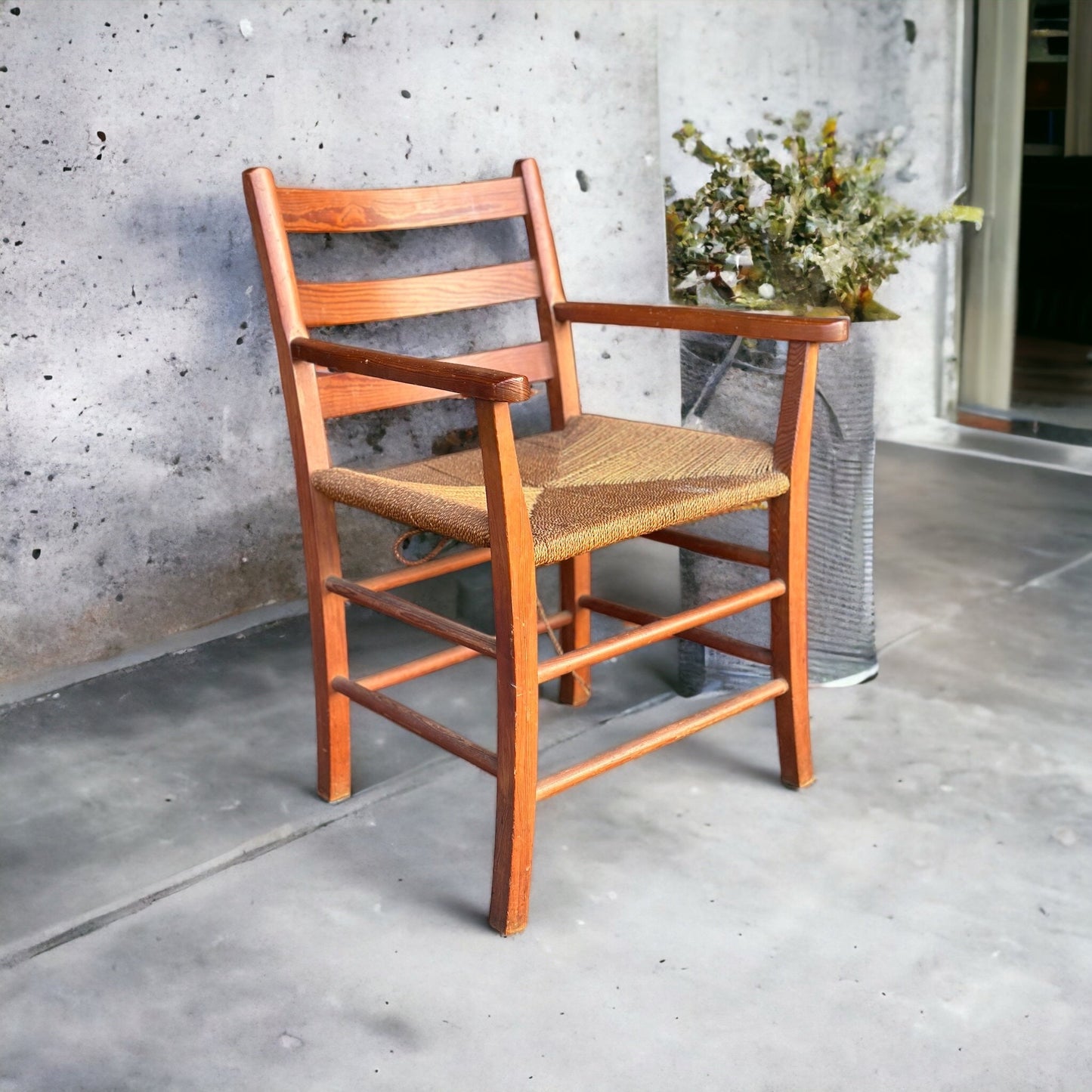 Vintage 1960s Scandinavian Pine and Paper Cord Fireside Carver Chair