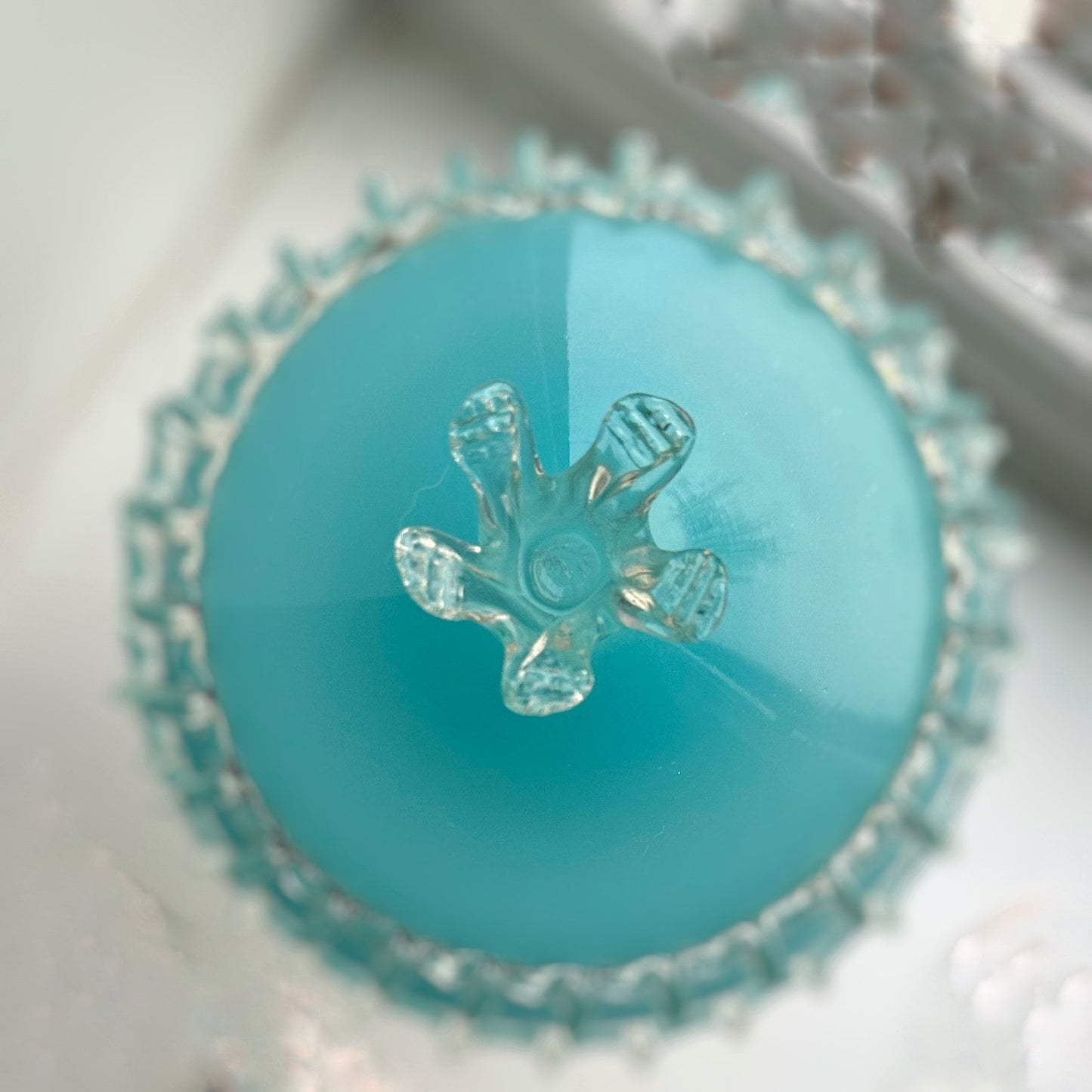1960s Mid-Century Italian Sky Blue Cased Empoli Glass Pedestal Lidded Compote Candy Dish Midcentury
