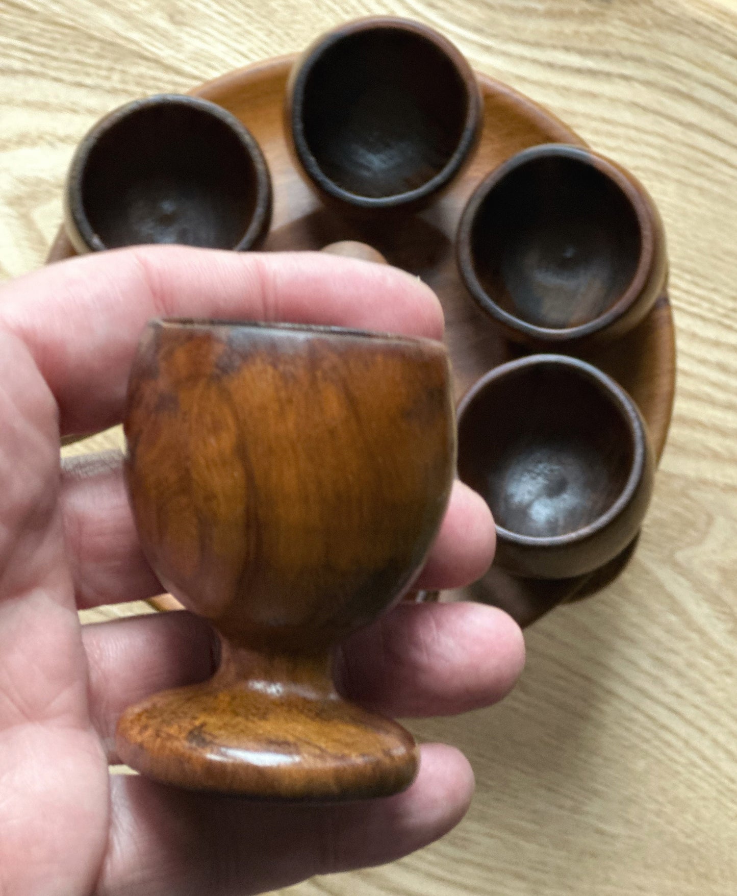 Olive and Teak Wood Eggcup Stand Server