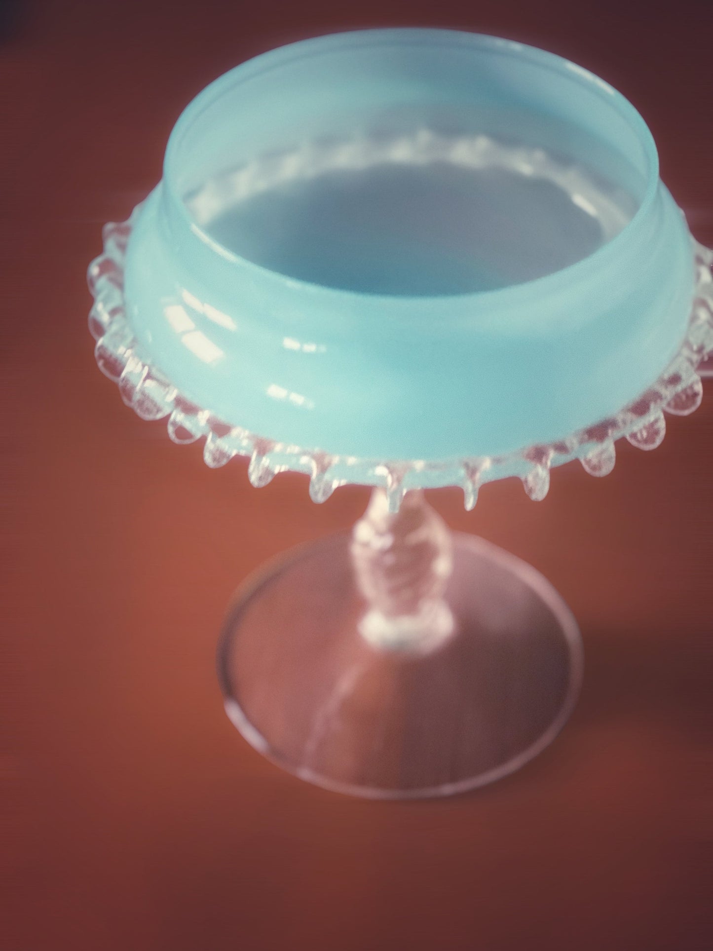 1960s Mid-Century Italian Sky Blue Cased Empoli Glass Pedestal Lidded Compote Candy Dish Midcentury