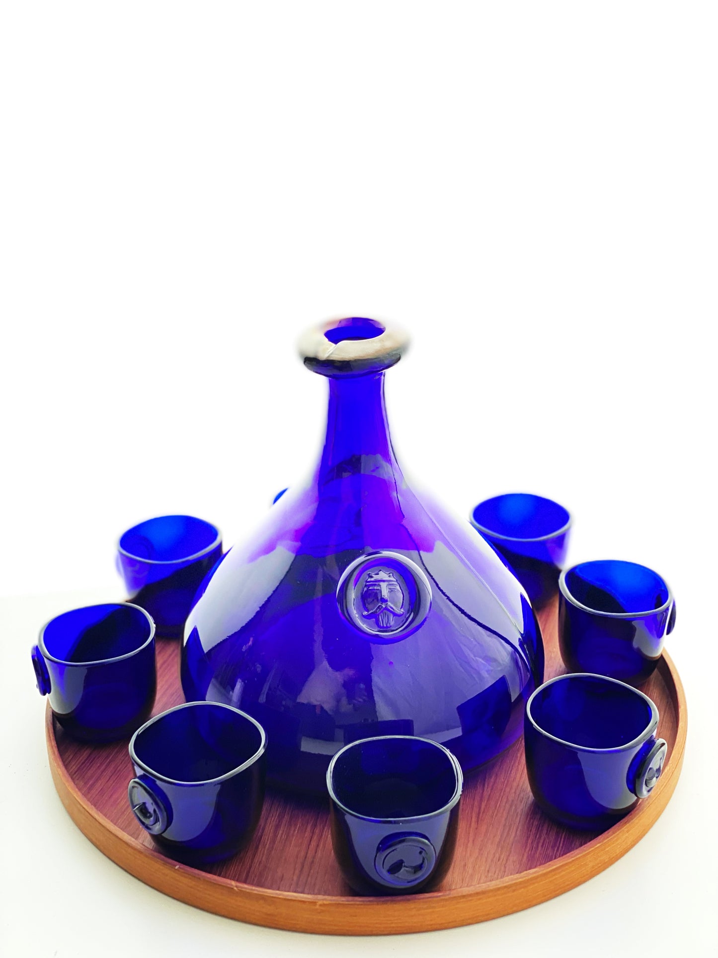 Holmegaard Large Viking Cobalt Blue Glass Decanter, and Eight Glasses,
