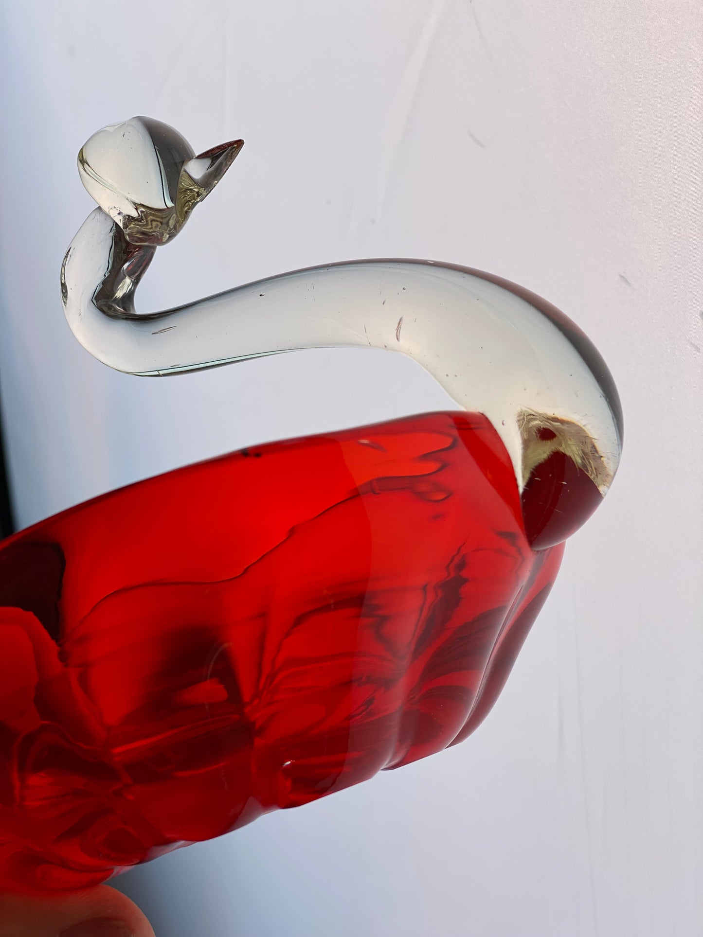 Vintage Japanese Glass Swan 1960s Red Dish / Ashtray