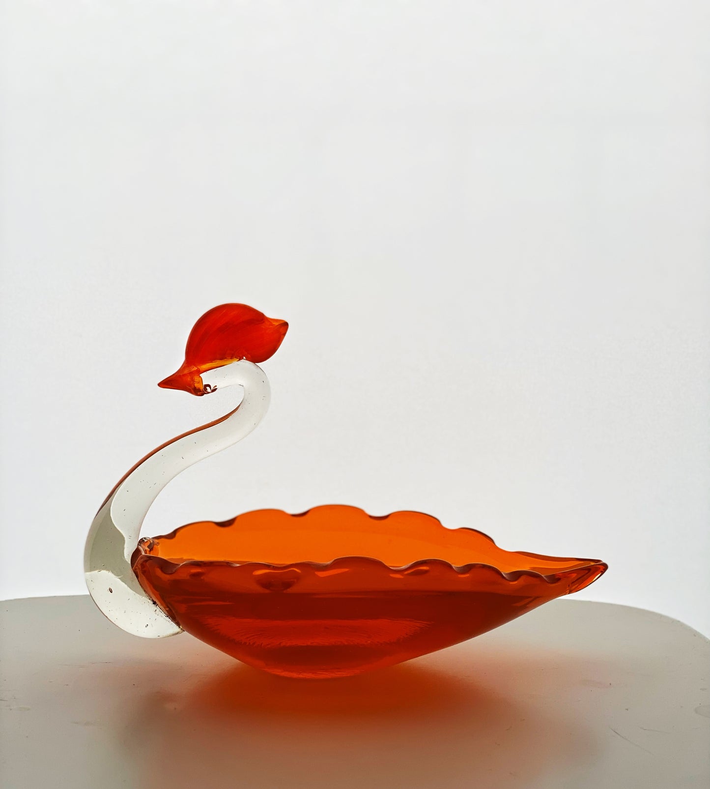 Vintage Japanese Glass Crested Bird 1960s Orange Dish / Ashtray