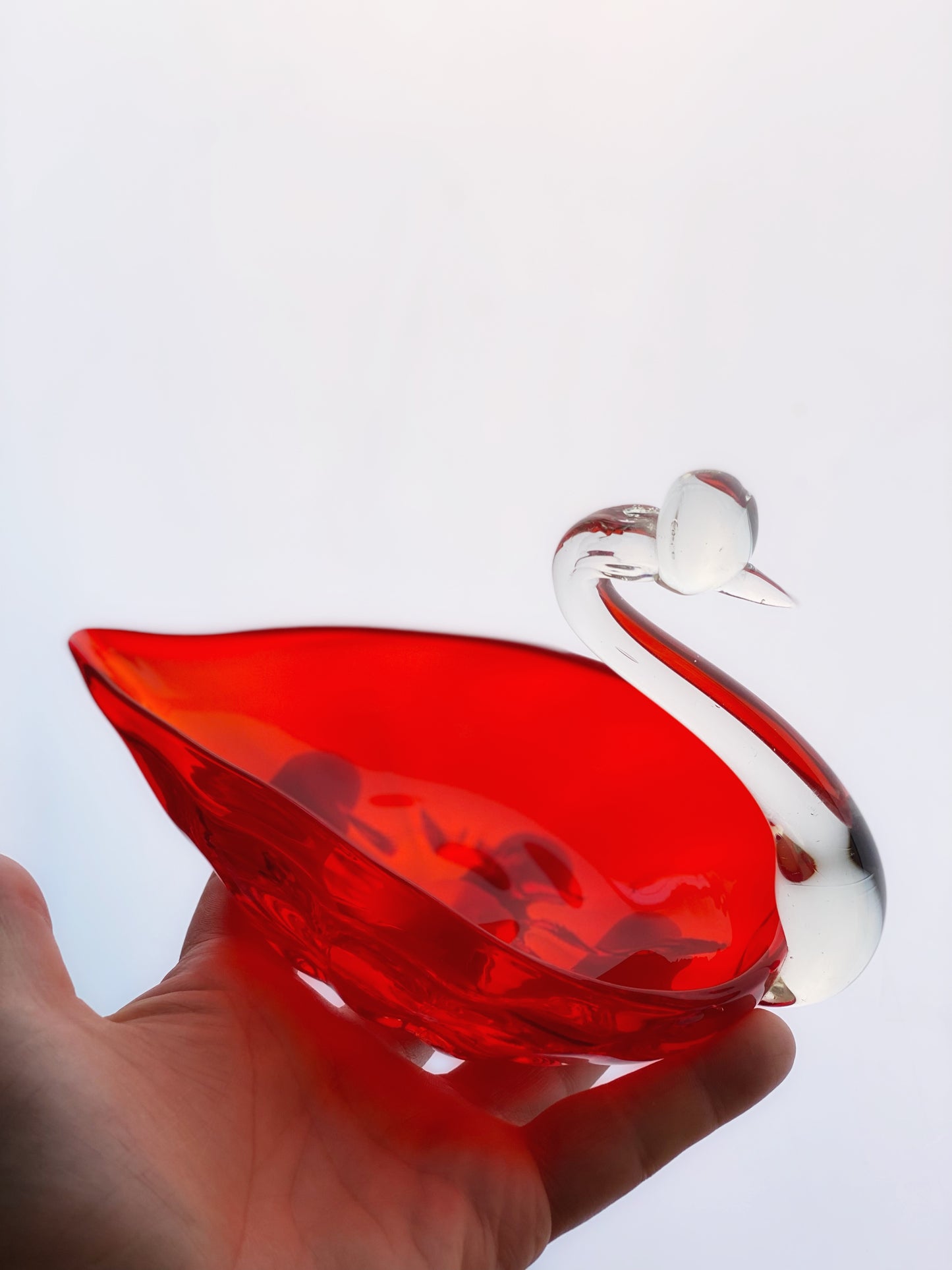 Vintage Japanese Glass Swan 1960s Red Dish / Ashtray