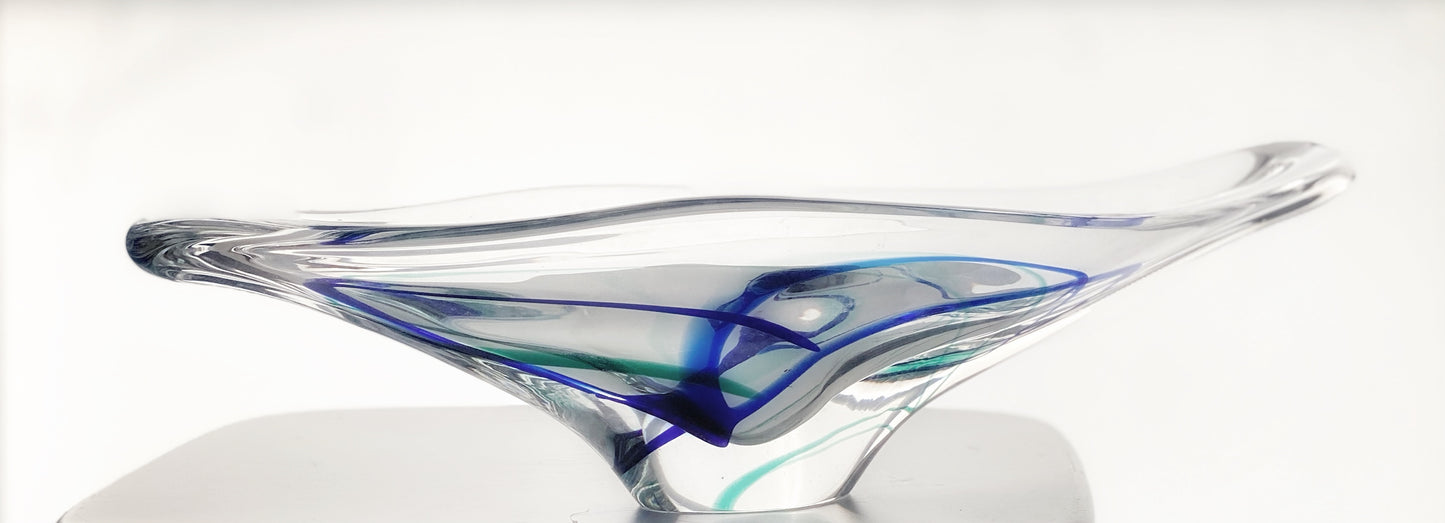 Vintage Glass Bowl by Max Verboeket for Maastricht Kristalunie, 1960s Blue Green, and Clear Glass