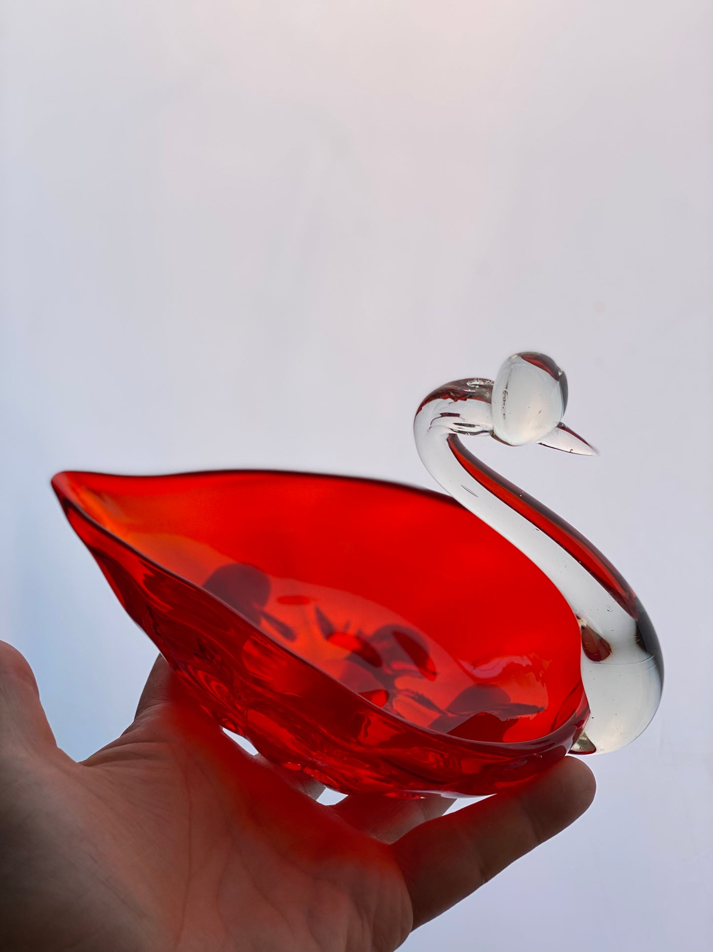 Vintage Japanese Glass Swan 1960s Red Dish / Ashtray