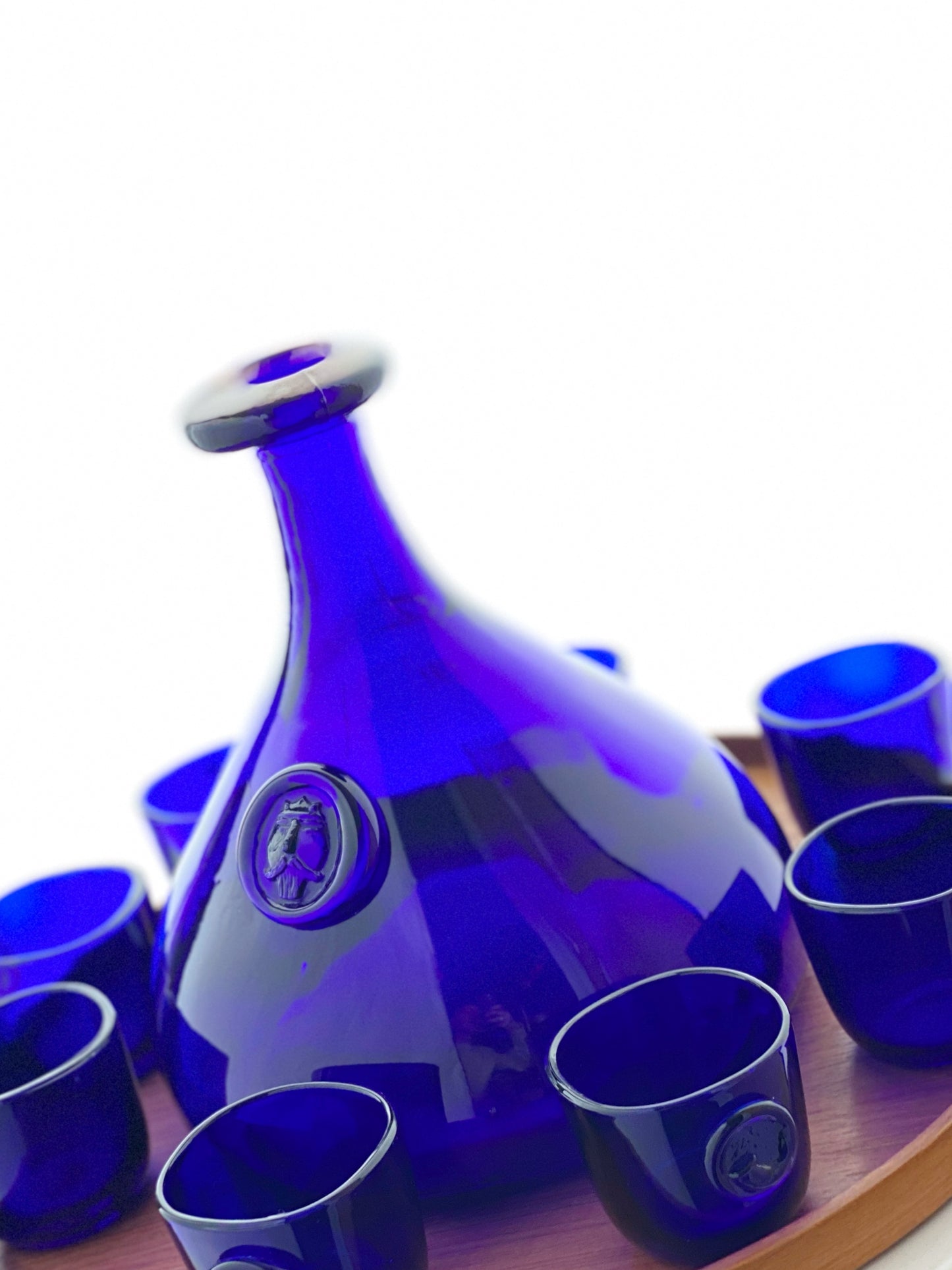 Holmegaard Large Viking Cobalt Blue Glass Decanter, and Eight Glasses,