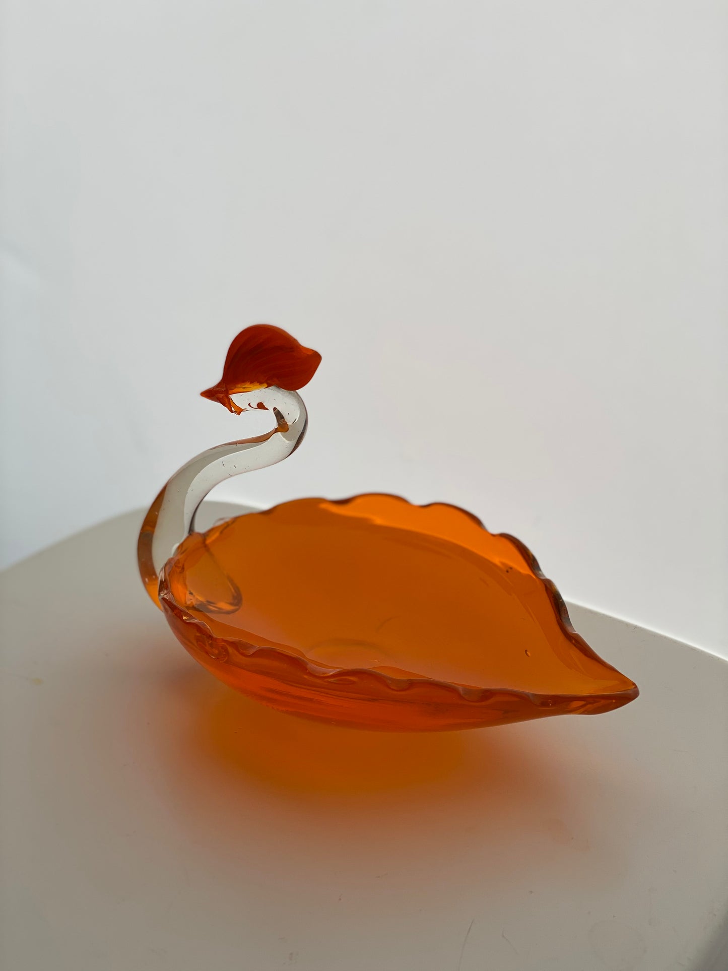 Vintage Japanese Glass Crested Bird 1960s Orange Dish / Ashtray
