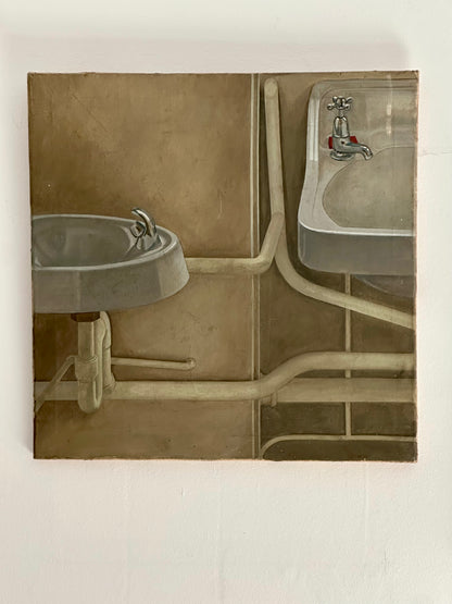 British Kitchen Sink School — Institutional Interior with Sinks, Oil on Canvas, c.1960s