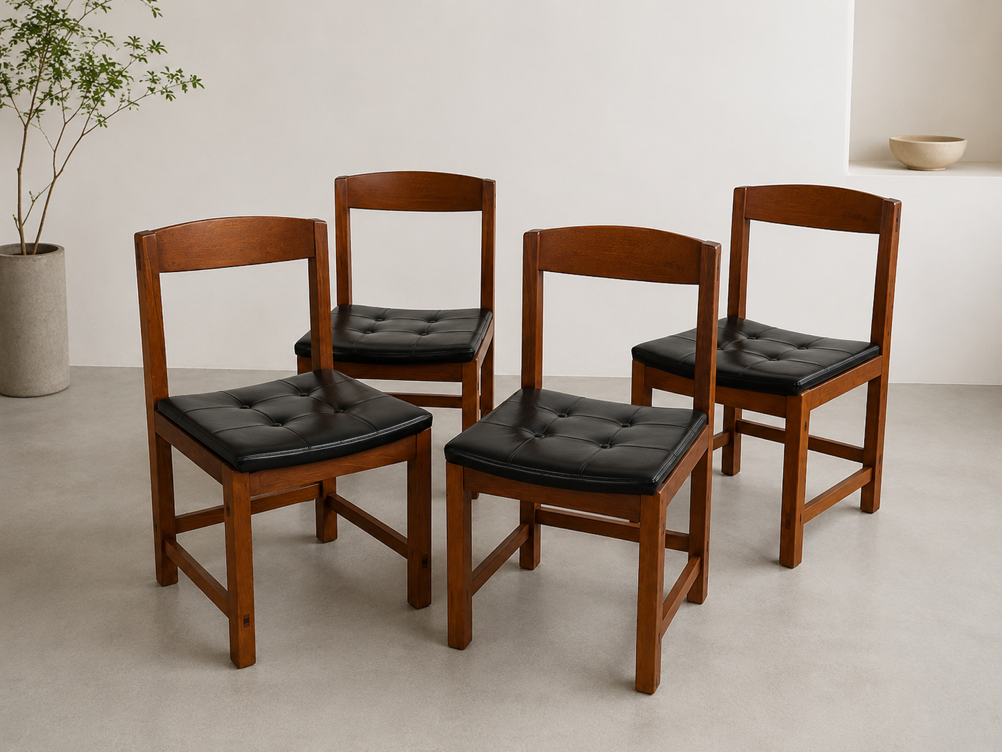 Ulferts Tibro 1960s Teak Dining Chairs, Black Faux Leather Vinyl Seats Set of 4