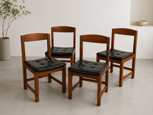 Ulferts Tibro 1960s Teak Dining Chairs, Black Faux Leather Vinyl Seats Set of 4
