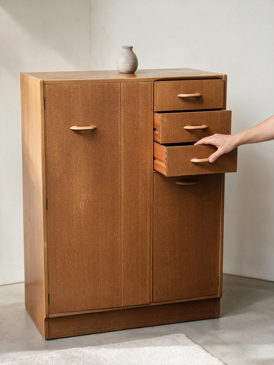 Midcentury G Plan Brandon Wardrobe with Fitted Vanity Mirror — Honey Oak, E. Gomme