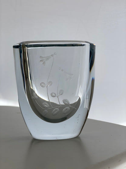 Vintage Scandinavian Strombergshyttan Vase Floral Illustration Engraved