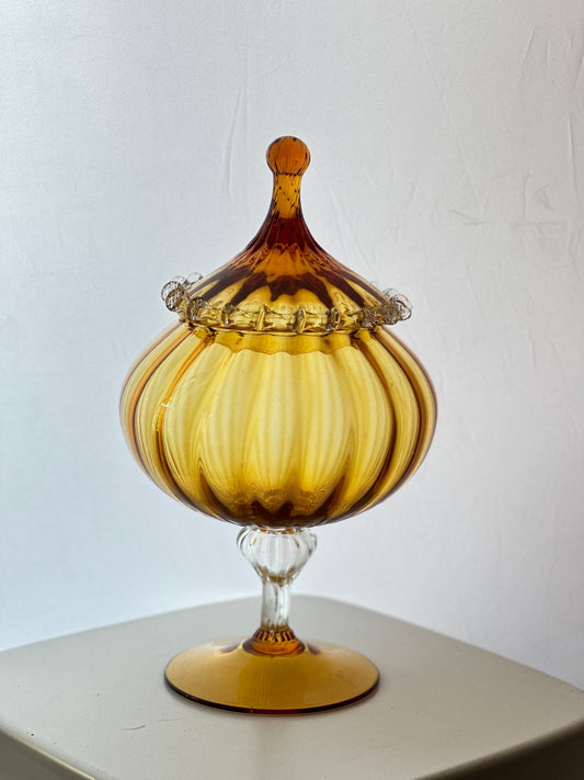Vintage Murano Italian Ombre Pedestal Lidded Compote Candy Dish Midcentury