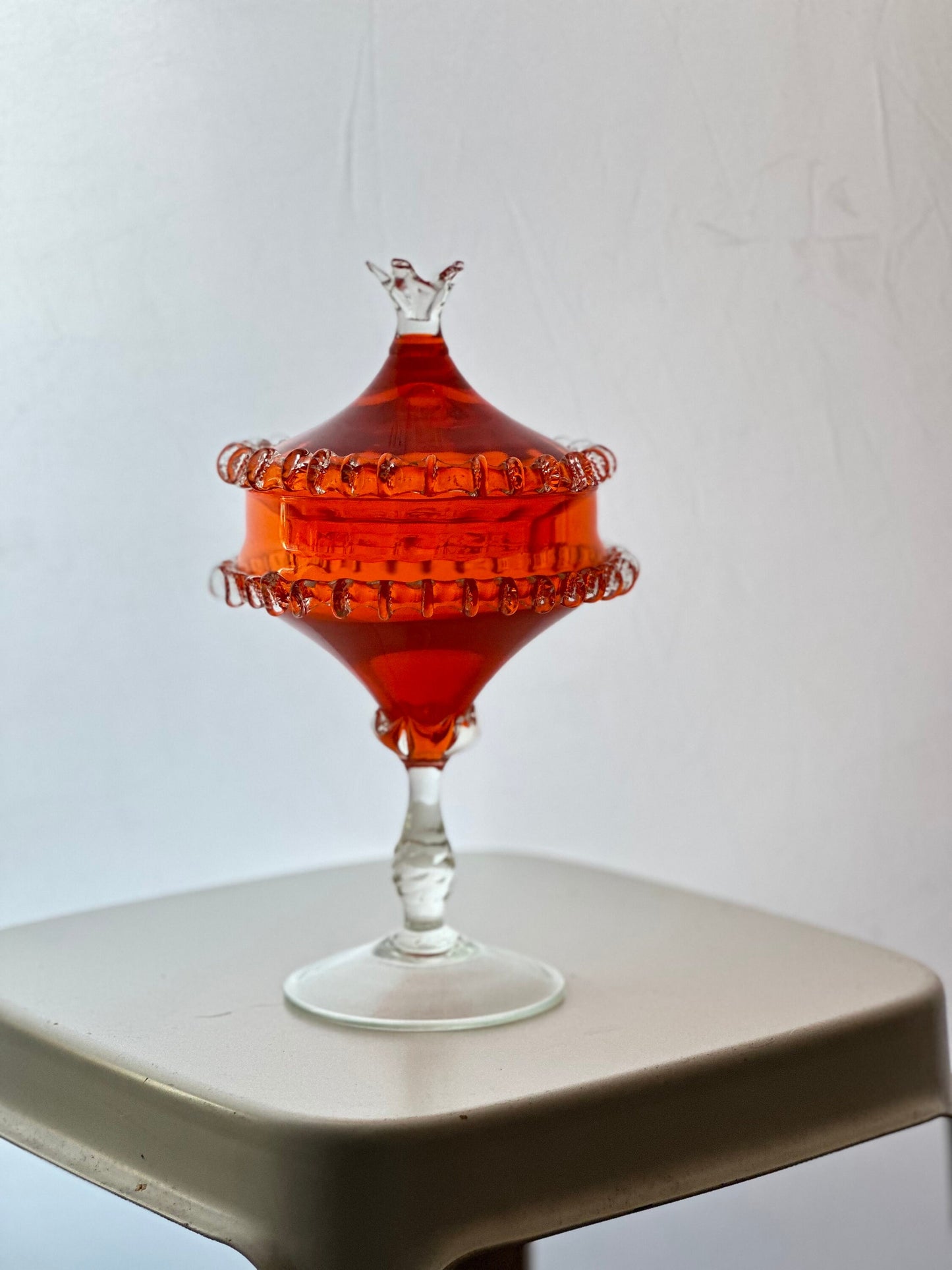 1960s Mid-Century Italian Orange Cased Empoli Glass Pedestal Lidded Compote Candy Dish Midcentury