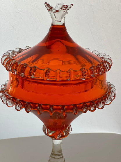 1960s Mid-Century Italian Orange Cased Empoli Glass Pedestal Lidded Compote Candy Dish Midcentury