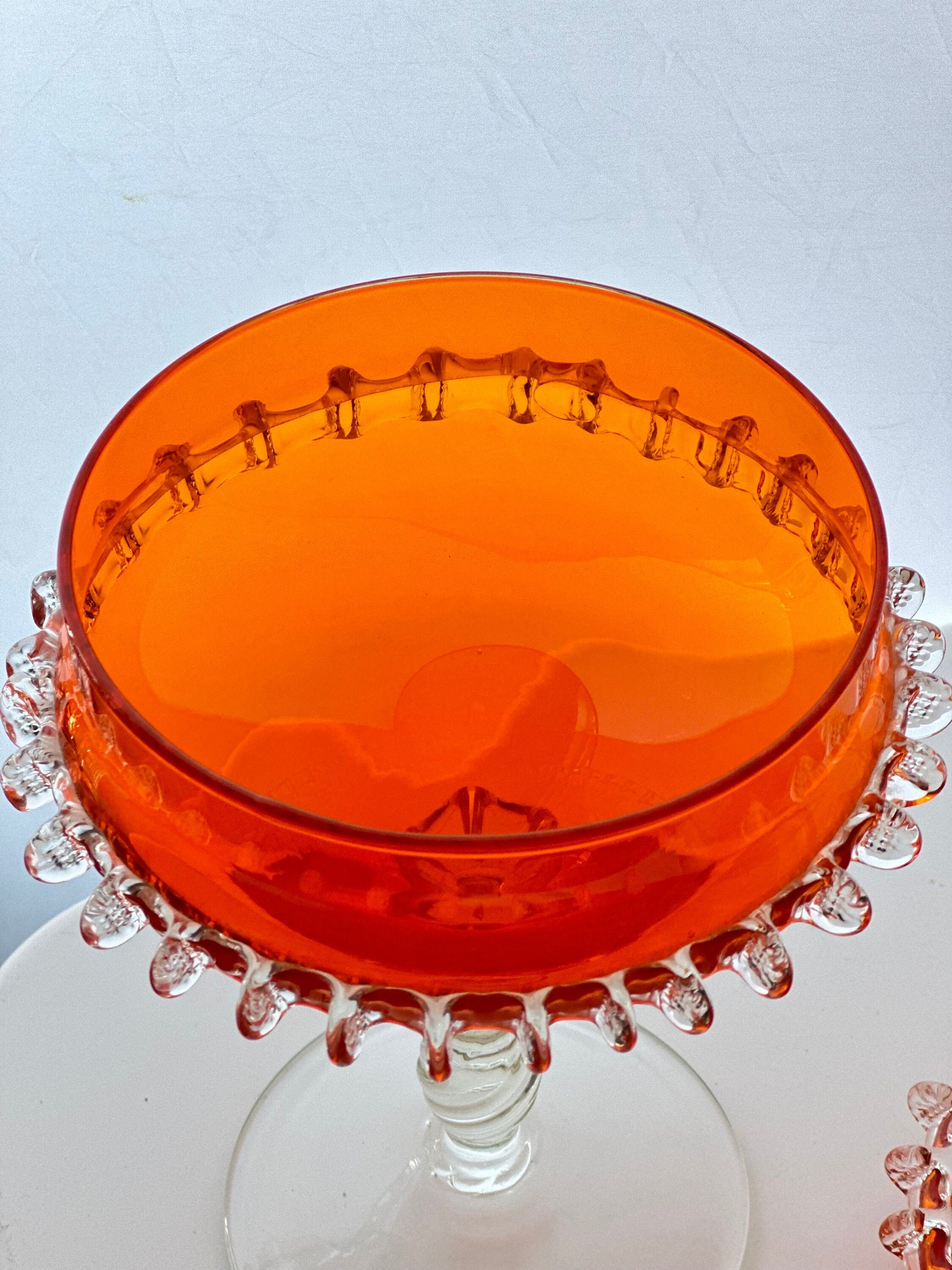 1960s Mid-Century Italian Orange Cased Empoli Glass Pedestal Lidded Compote Candy Dish Midcentury