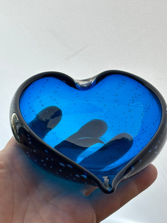 Italian Glass Murano Heart Shaped Blue Bubble Glass Bowl
