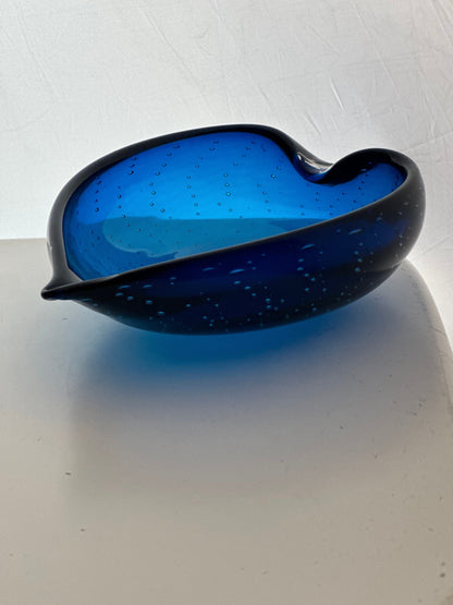 Italian Glass Murano Heart Shaped Blue Bubble Glass Bowl