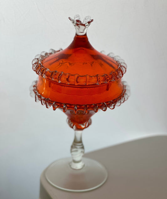 1960s Mid-Century Italian Orange Cased Empoli Glass Pedestal Lidded Compote Candy Dish Midcentury