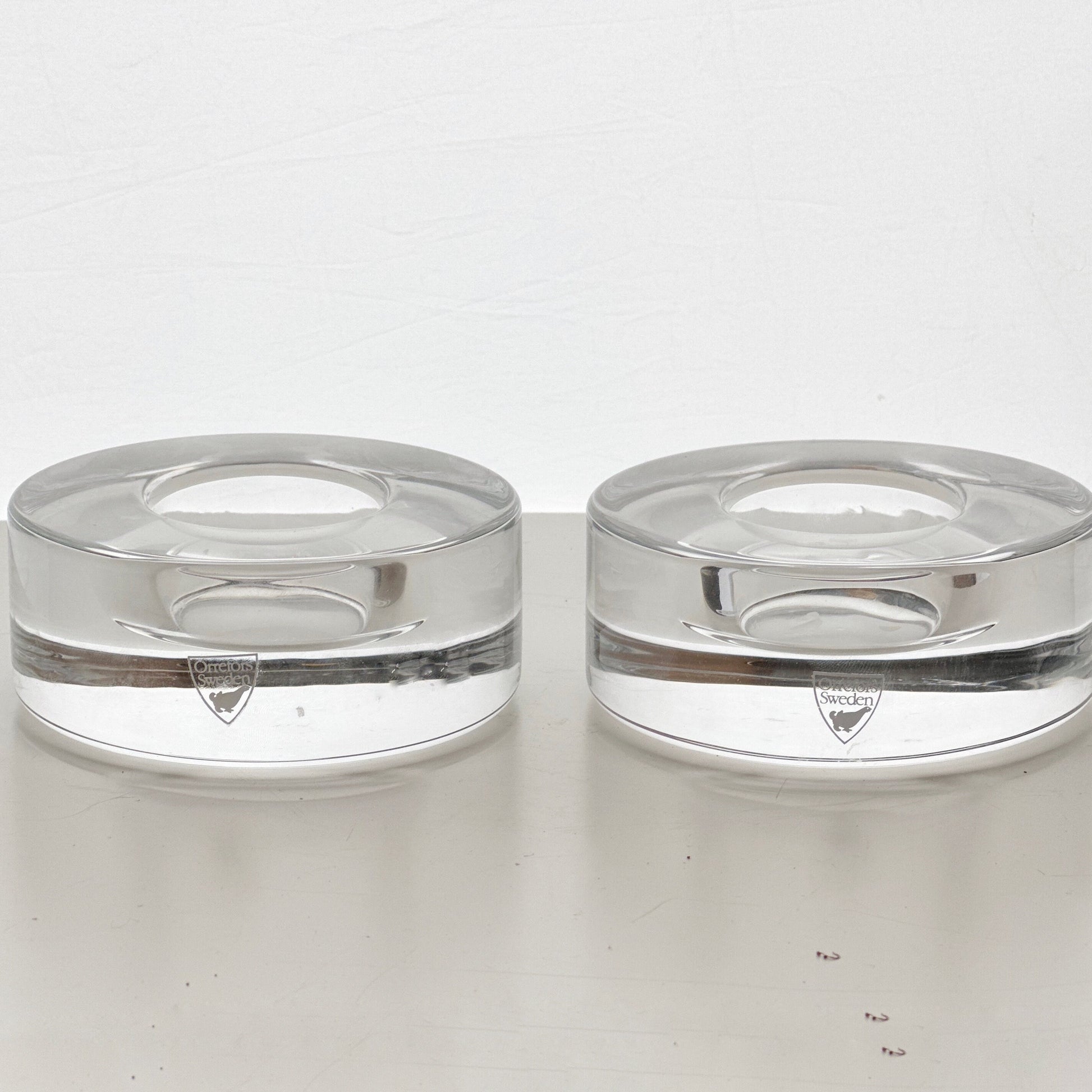 Vintage Pair of Orrefors Crystal Puck Votive Candle Holders Designed by Lena Bergstrom