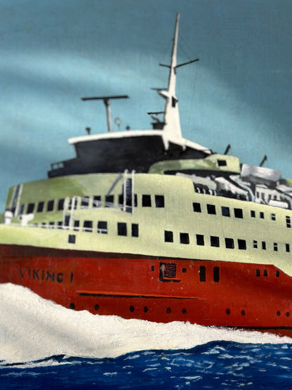 Maritime Modernist Oil, MS Viking I by G.R. Cattermole, 1976 — Thoresen Cross-Channel Ferry